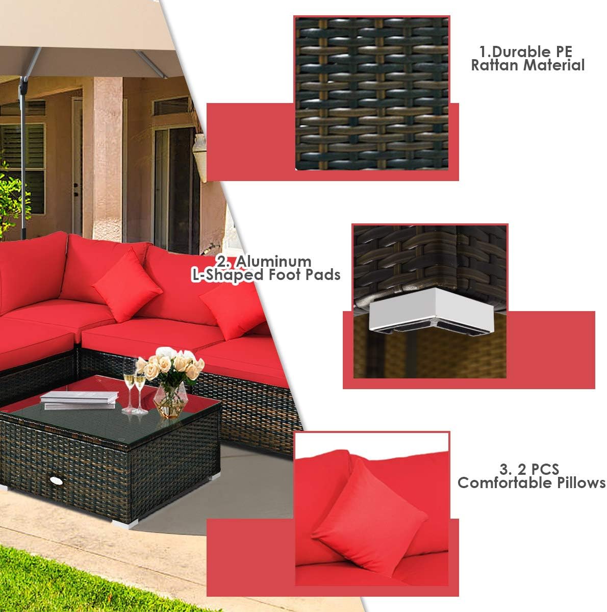 DORTALA 5 Piece Patio Furniture Set, Modular Outdoor Wicker Conversation Set w/Tempered Glass Table, Pillows, Free Combination Cushioned Rattan Sectional Sofa Set for Backyard, Porch, Balcony, Red