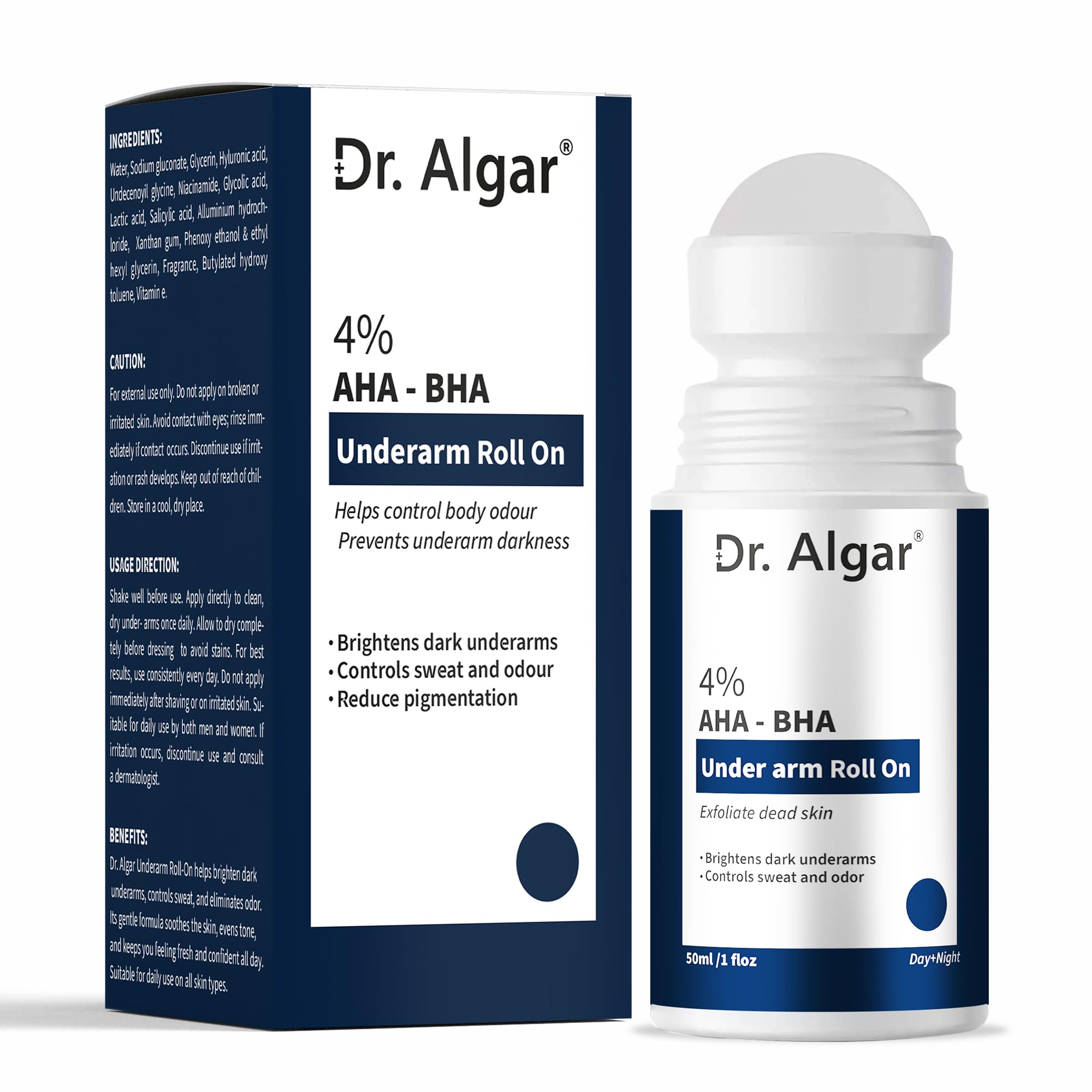 Dr. Algar 4% Aha Bha Underarm Roll On 50ml | 2% Lactic Acid, 1% Mandelic Acid, 1% Salicylic Acid | Controls Odour & Reduces Pigmentation | 0% Alcohol & 0% Aluminium | Flora Fragrance