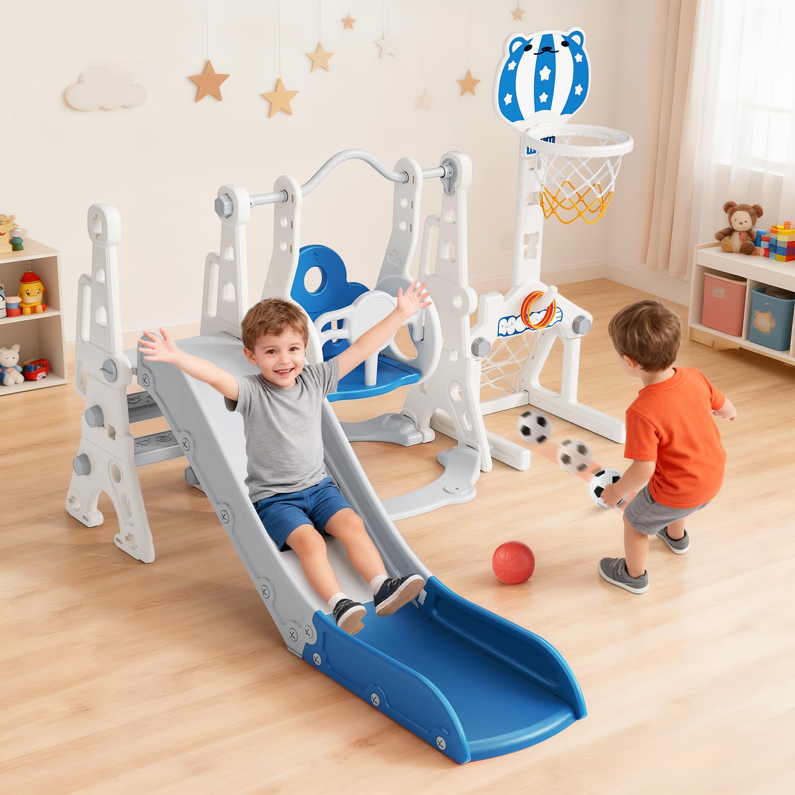 6 in 1 Kids Slide with Climbing Structure, Basketball Basket and Soccer Goal - Indoor Plastic Slide Set - Montessori Toy