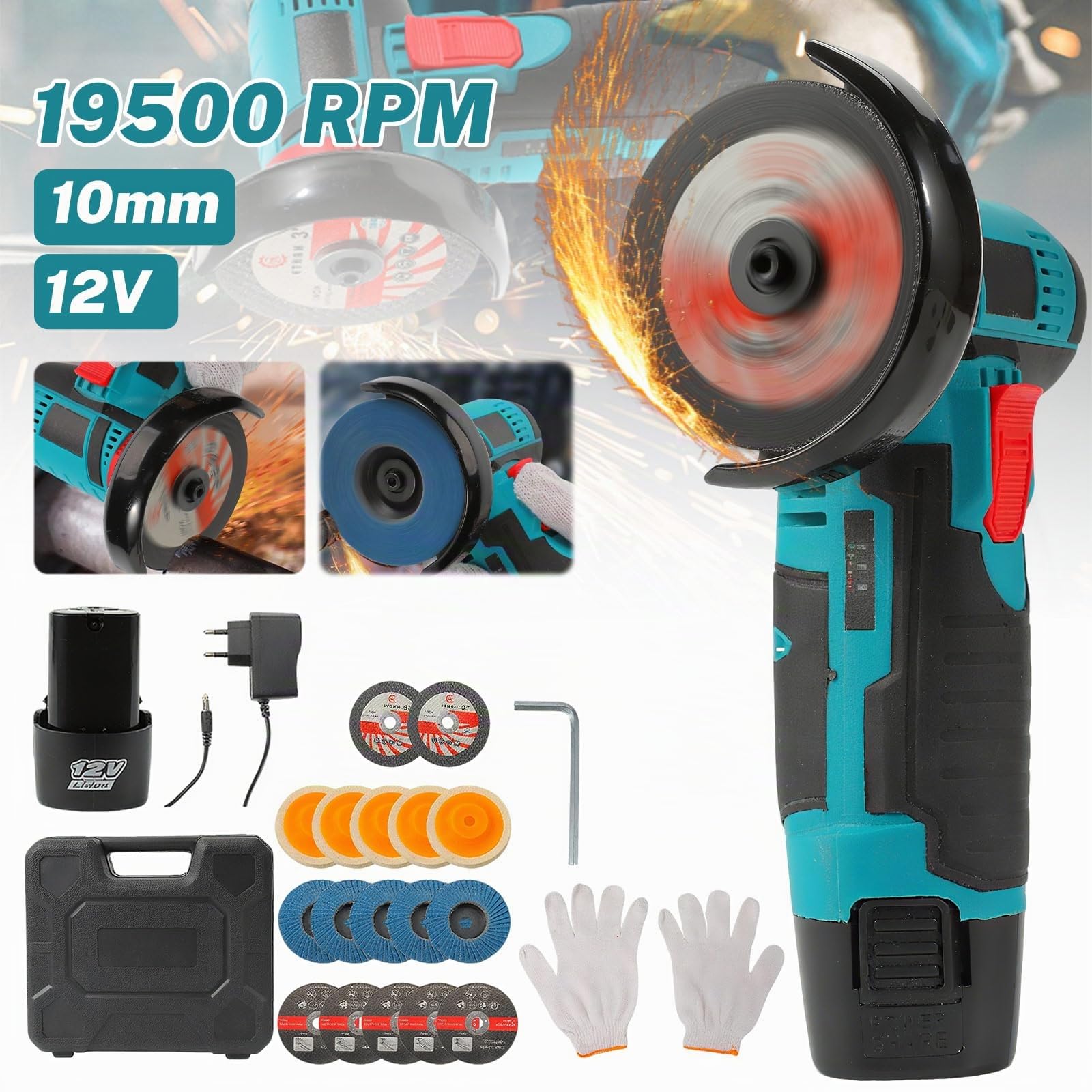 Mini amoladora angular inalámbrica 19.500 RPM,disco 76 mm, 12 V disco inalámbrico con 2 baterías 2000 mAh,17 discos de corte para molienda, pulido, corte (blue)