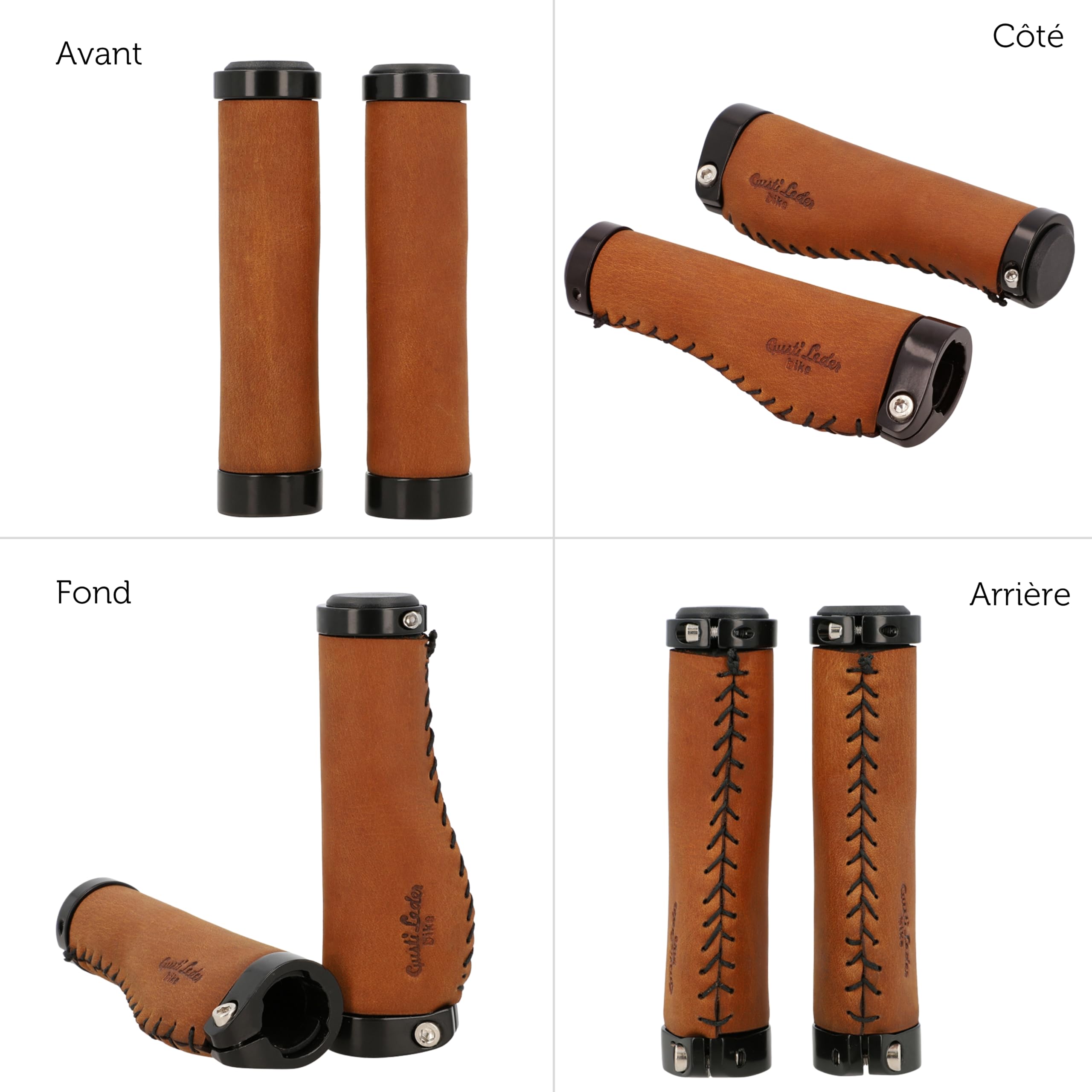 Gusti Cuir véritable - Phil A. Poignées de Guidon en Cuir véritable Poignées de vélo Marron Anneau métallique Lot de 2