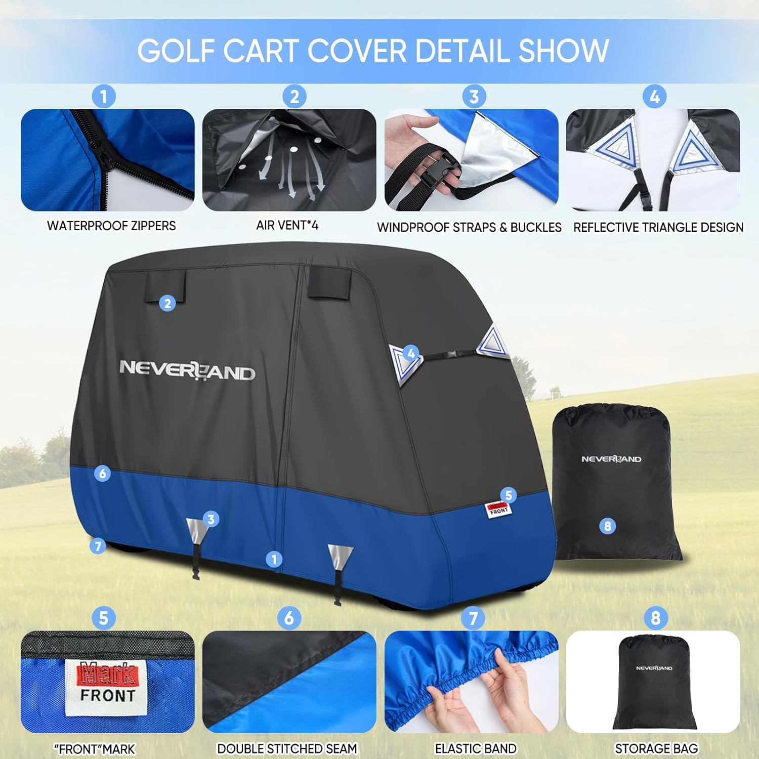 NEVERLAND Golf Cart Cover 4 Passenger - Heavy Duty 600D Golf Cart Covers, Waterproof Club Car Golf Cart Cover with Side Zipper Doors Compatible with EZGO Yamaha Club Car 4 Seat (Up to 115 Inch)