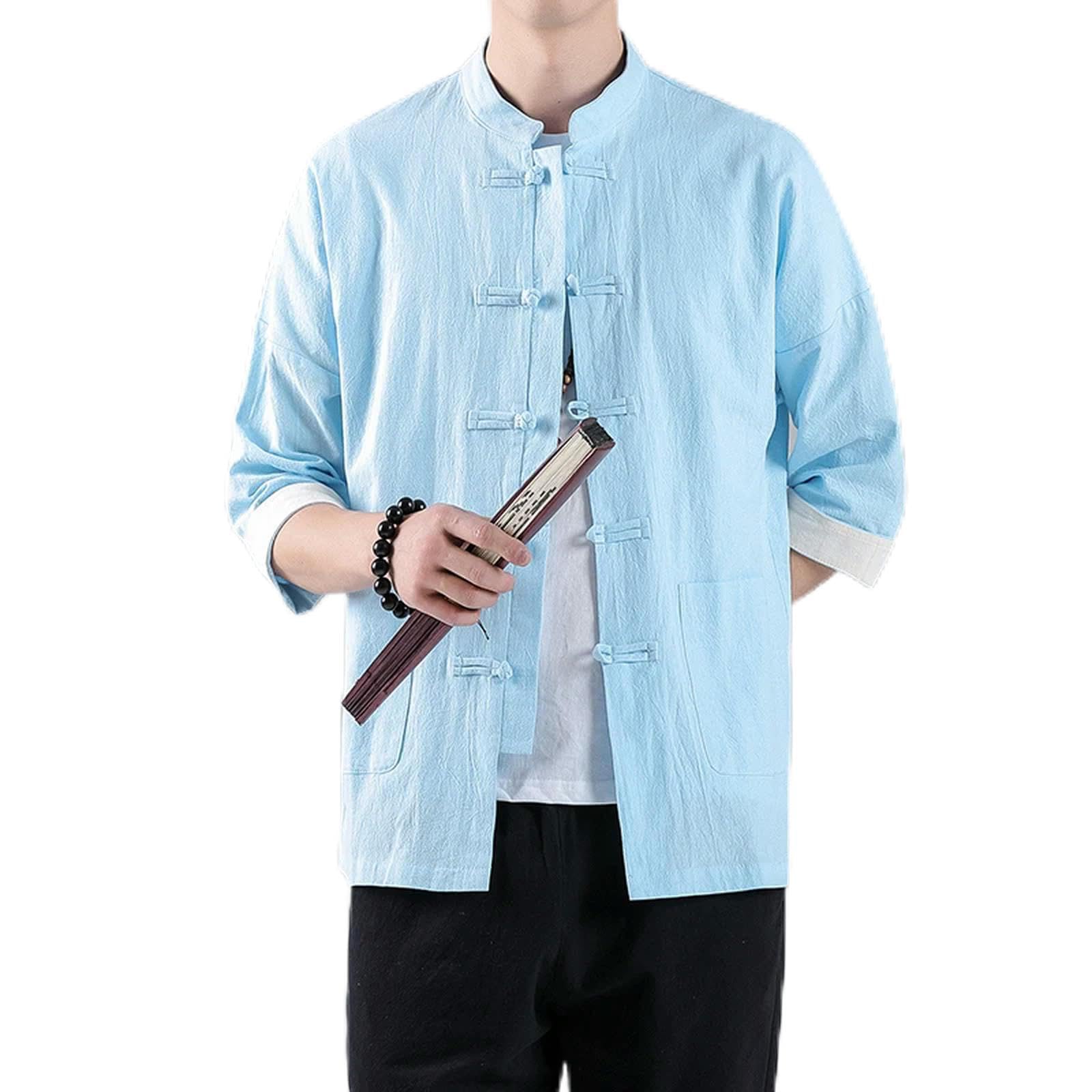 Chemise style chinois homme lin bleu ciel | Voyagez à travers la mode rétro