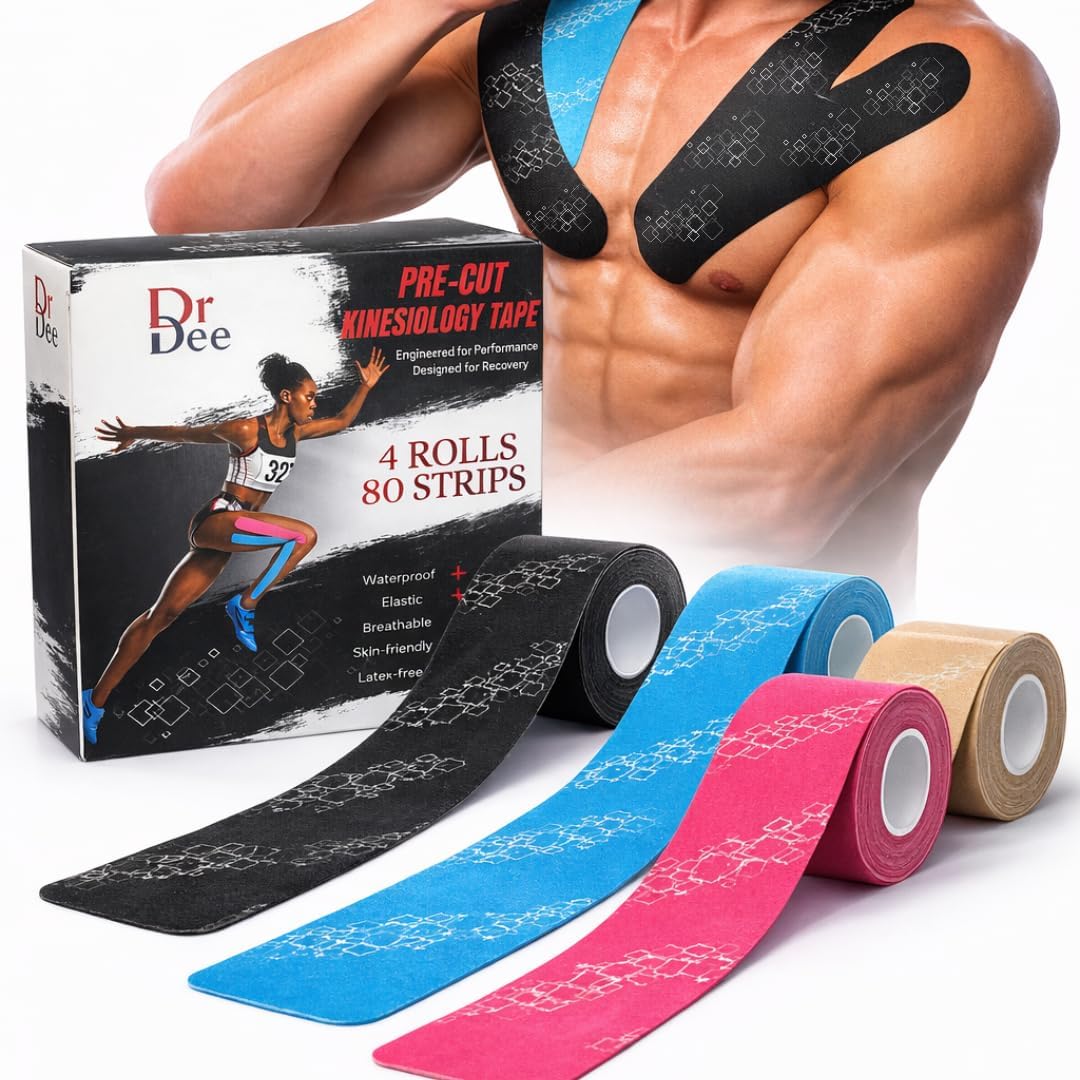 Dr Dee Pre-Cut Kinesiology Tape 80 Count | 4 Rolls, 2"x10" | Waterproof, Elastic, Breathable | Sports Muscle Tape | Pain Relief, Joint & Muscle Support | Elastic Athletic Tape | Precut Strips