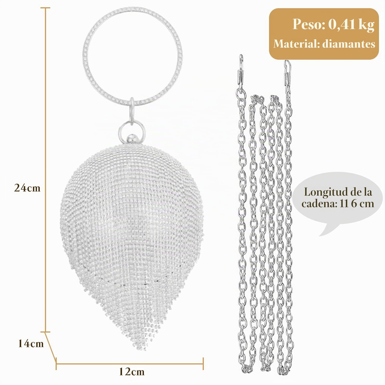 Bolso de Fiesta para Mujer Bolso de Mano de Noche de Cristal con Bola Redonda Diamantes de Imitación Clutch Bolso de Hombro Bolsos Bandolera para Fiesta de Graduación Banquete Boda Plata