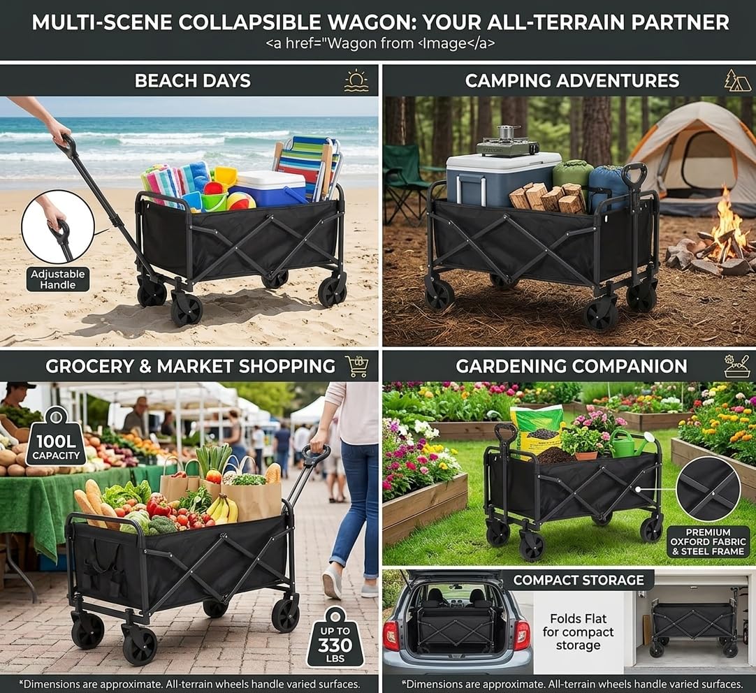 Bollerwagen Faltbar,Kleiner Handwagen Faltbar 70 x 46 x 47 cm Tragkraft 150KG,Bollerwagen mit Verstellbarem Griff für Camping Outdoor Garten Shopping