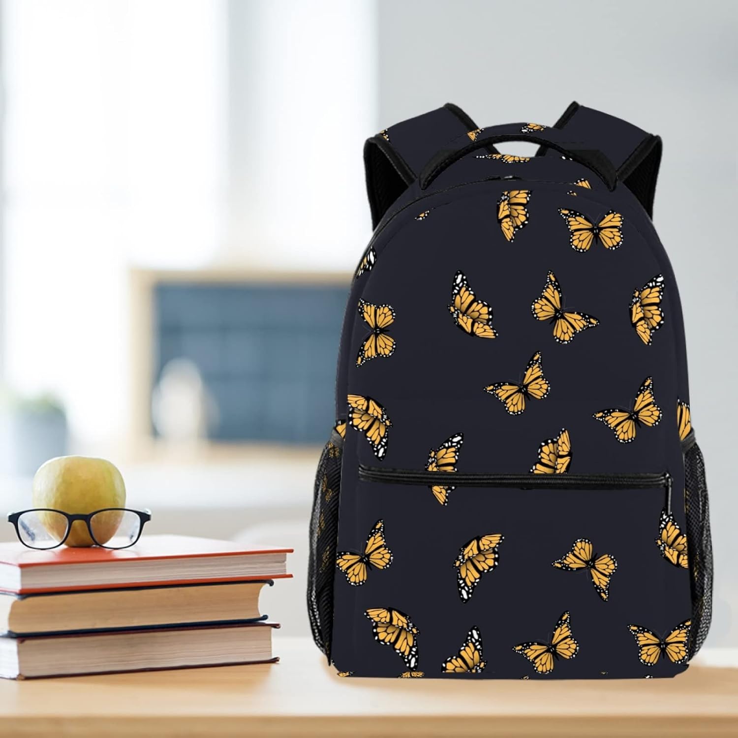 Yellow Butterfly Black Background School Backpack Medium Size, Travel Bag For Women Girls Men Boys Teens