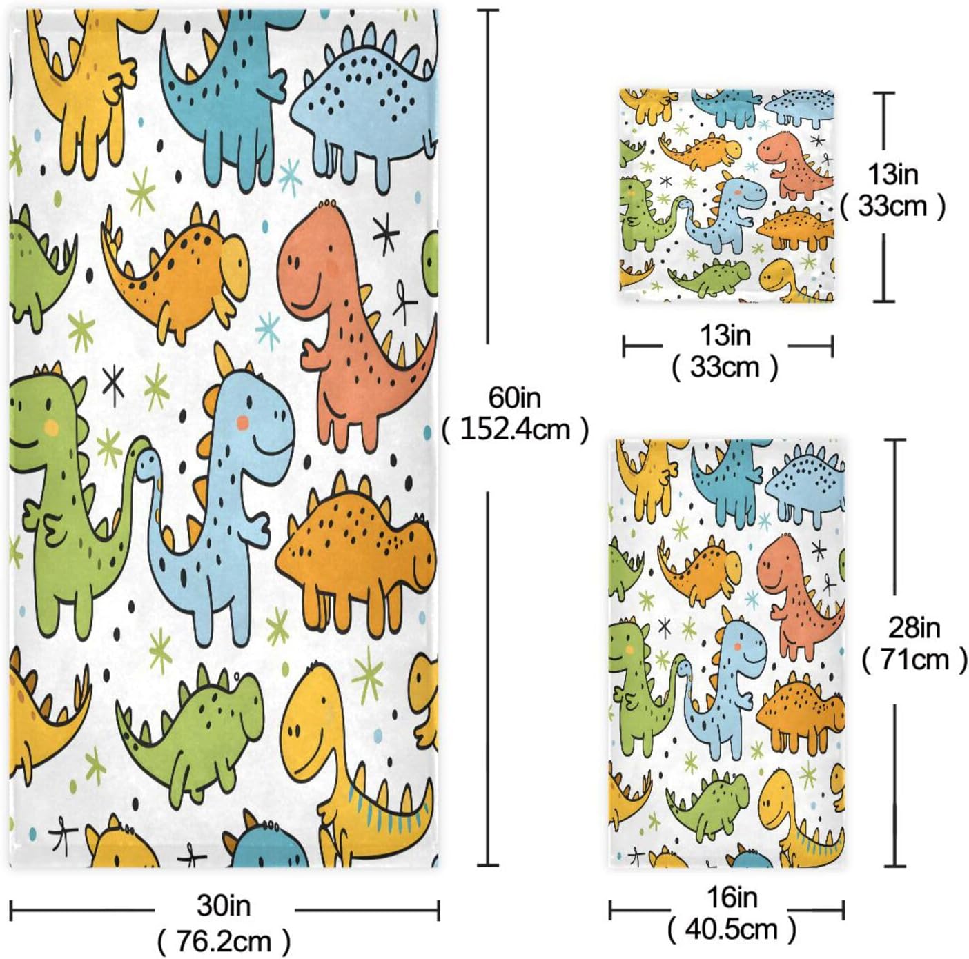 ALAZA Funny Dinosaurs Bath Towel Set Luxury Decorative Set of 3, 1 Bath Towel 1 Hand Towel 1 Washcloth Soft Multipurpose for for Bathroom Hotel Gym Yoga Spa