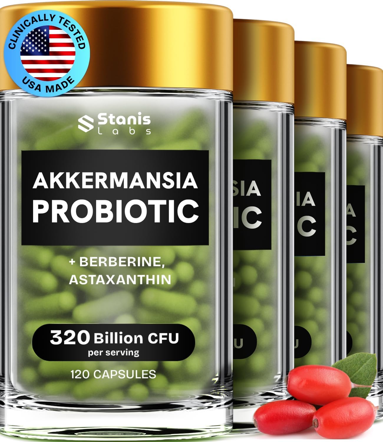 Akkermansia Muciniphila Probiotics 320 Billion CFU| Probiotic and Prebiotic | Akkermansia Probiotics for gut health | Inulin Prebiotic Fiber Capsules Astaxanthin & Berberine & Chromium 480 caps 4 pack