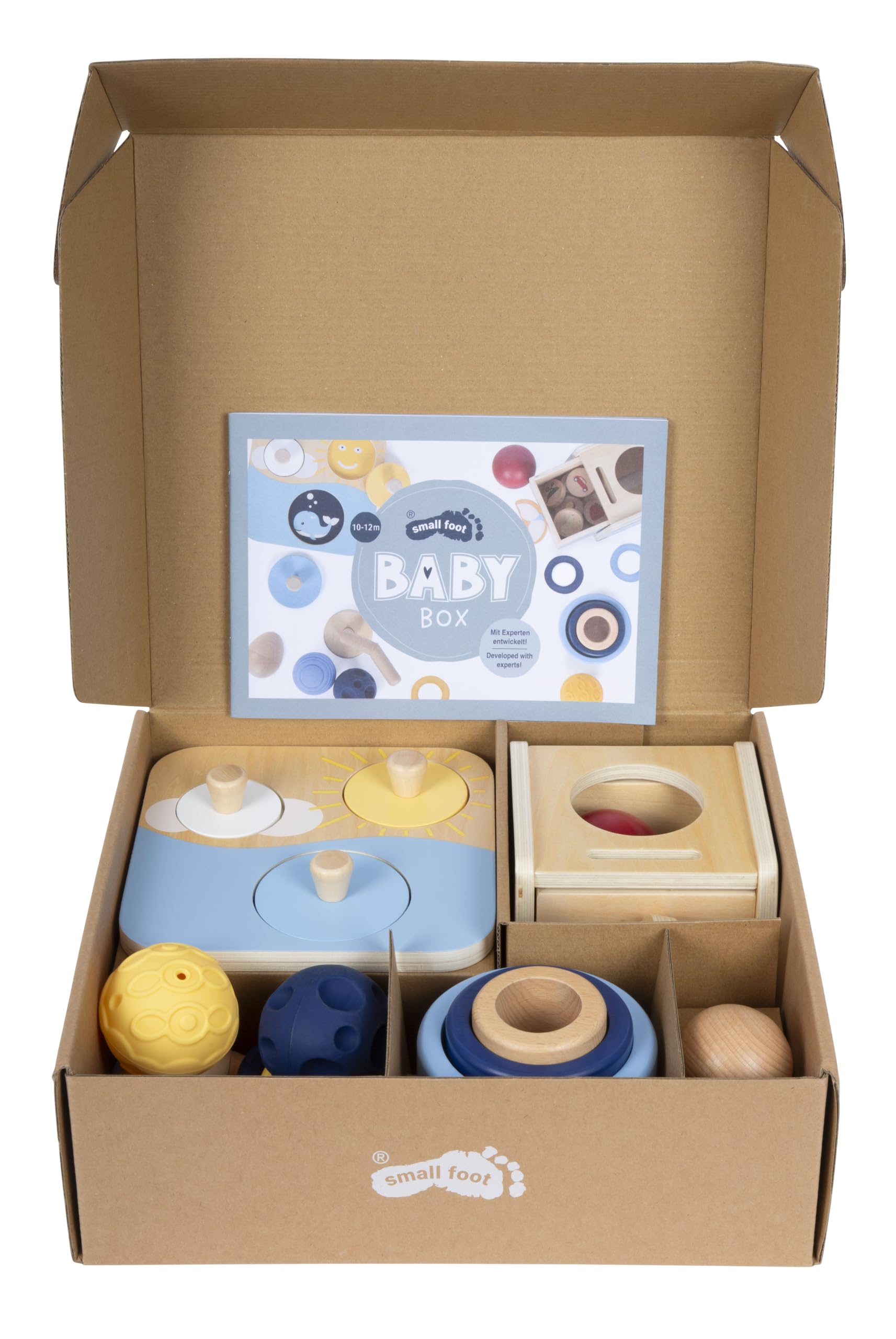 small foot Baby-Box 10-12 Monate, Babyspielzeug Komplett-Set, ab 10 Monaten | Baby Geschenk: 10-12 Monate, Babyspielzeug Set für Jungen & Mädchen mit Stapelturm, Steckspiel & Sprach-Coins aus Holz