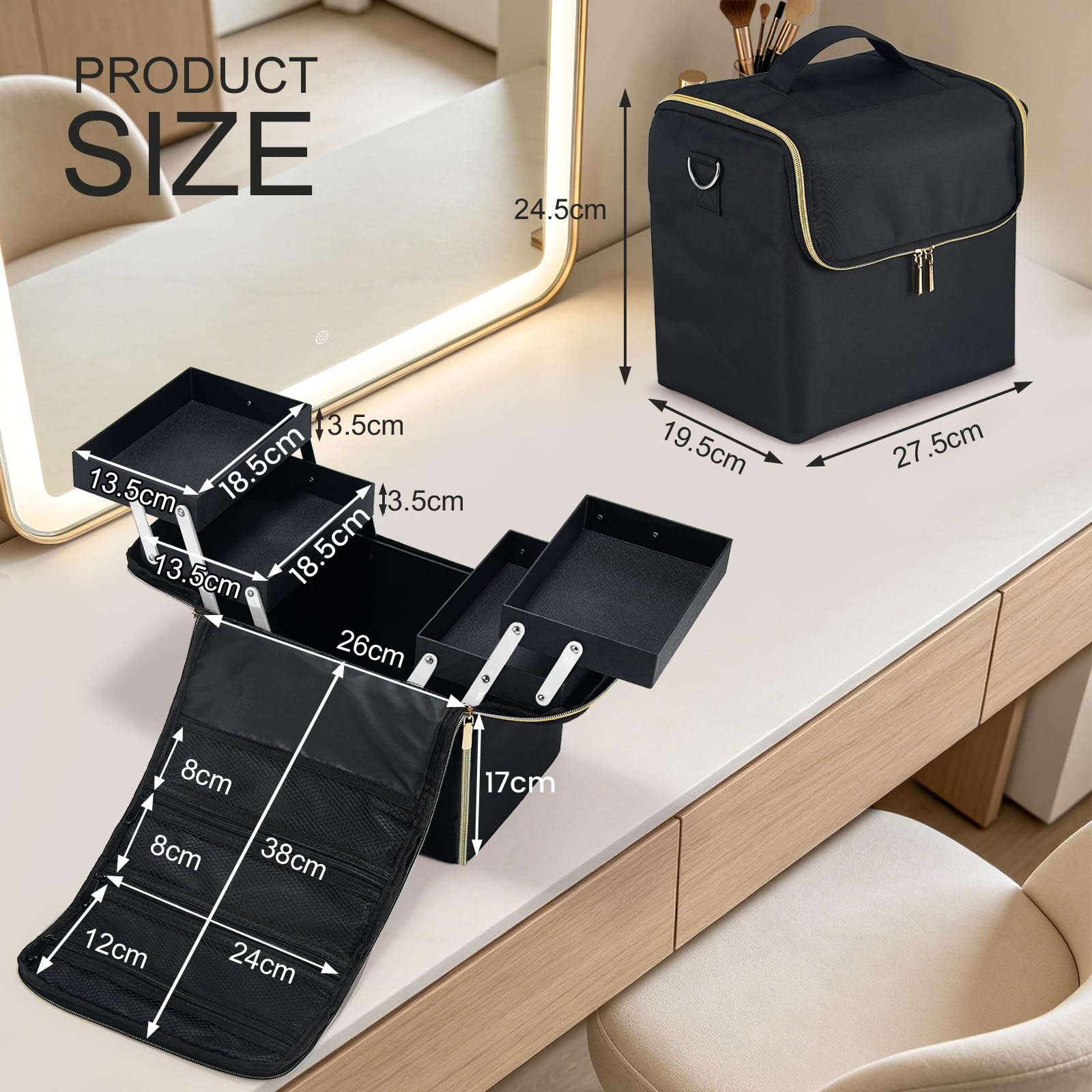 Joligrace Trousse per trucchi e cosmetici, organizer per smalti con tracolla, Oro e nero.