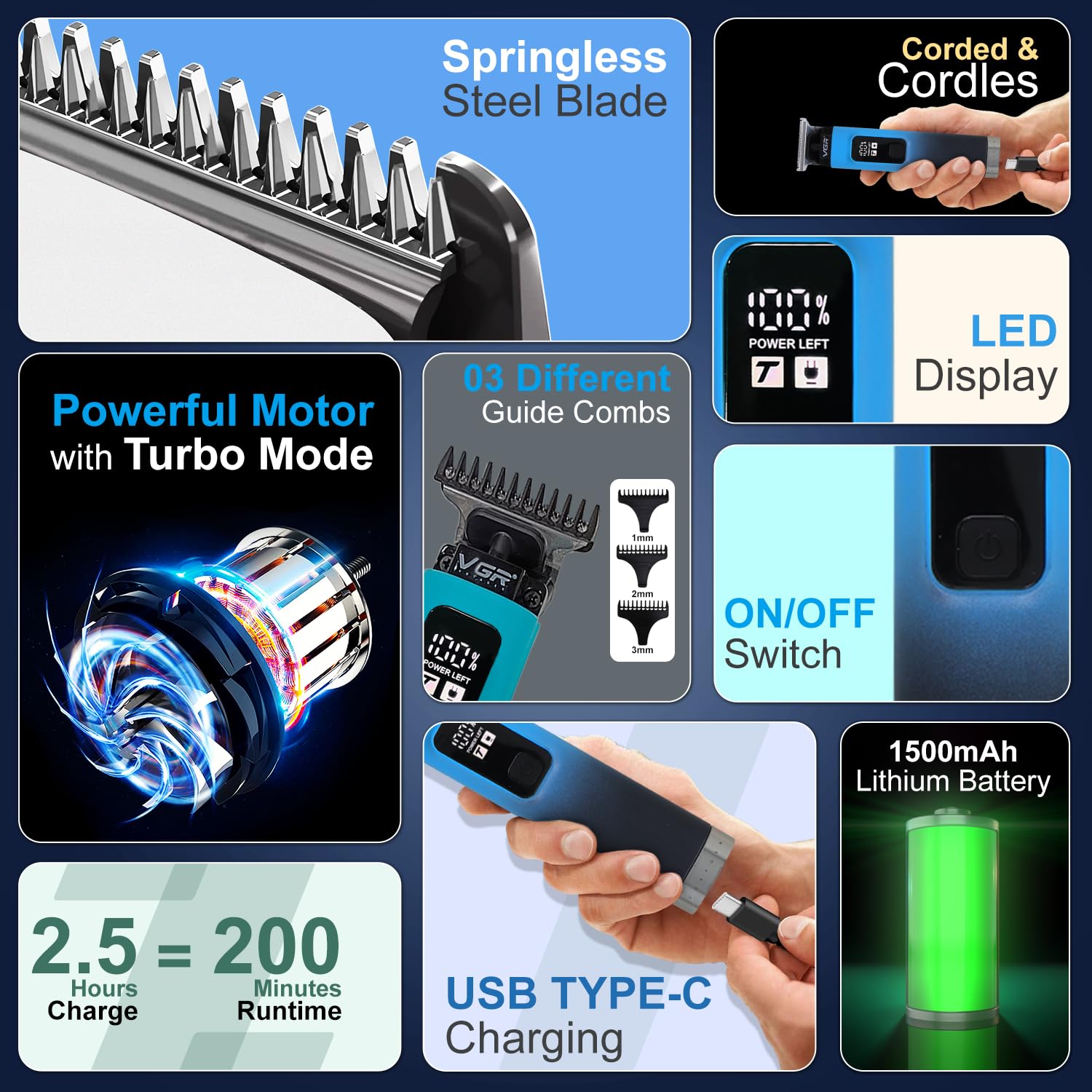 VGR VL-985 Hair Clipper key features graphic