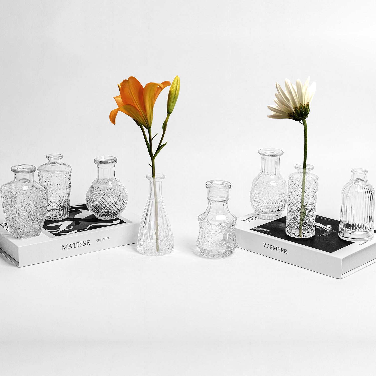 Juego de 8 jarrones de cristal para flores, pequeños jarrones a granel, jarrones vintage transparentes para centros de mesa, jarrones de cristal en relieve modernos para bodas, hogar, oficina