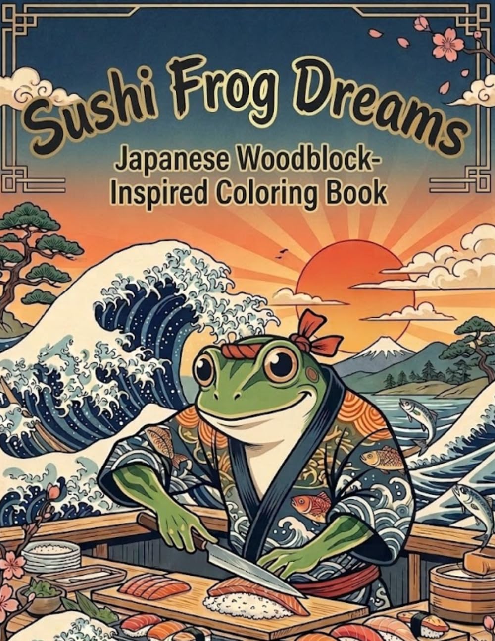Sushi Frog Dreams: Japanese Woodblock-Inspired Coloring Book