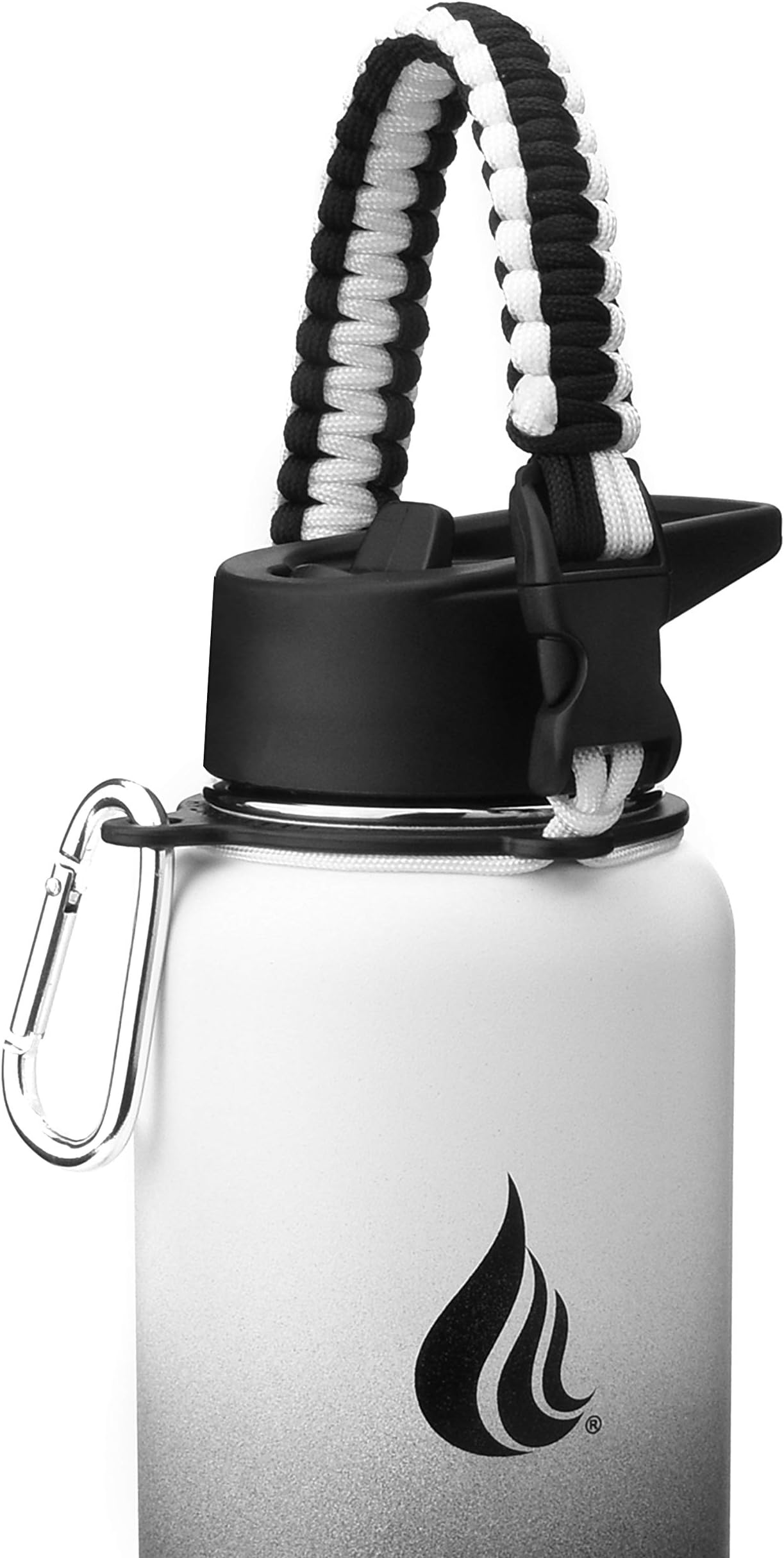 Wide Mouth Paracord Handle - Strap Carrier with Safety Ring and Carabiner. Compatible with 18, 24, 32, 40, and 64 oz Stainless Steel Water Bottles (Black/White)
