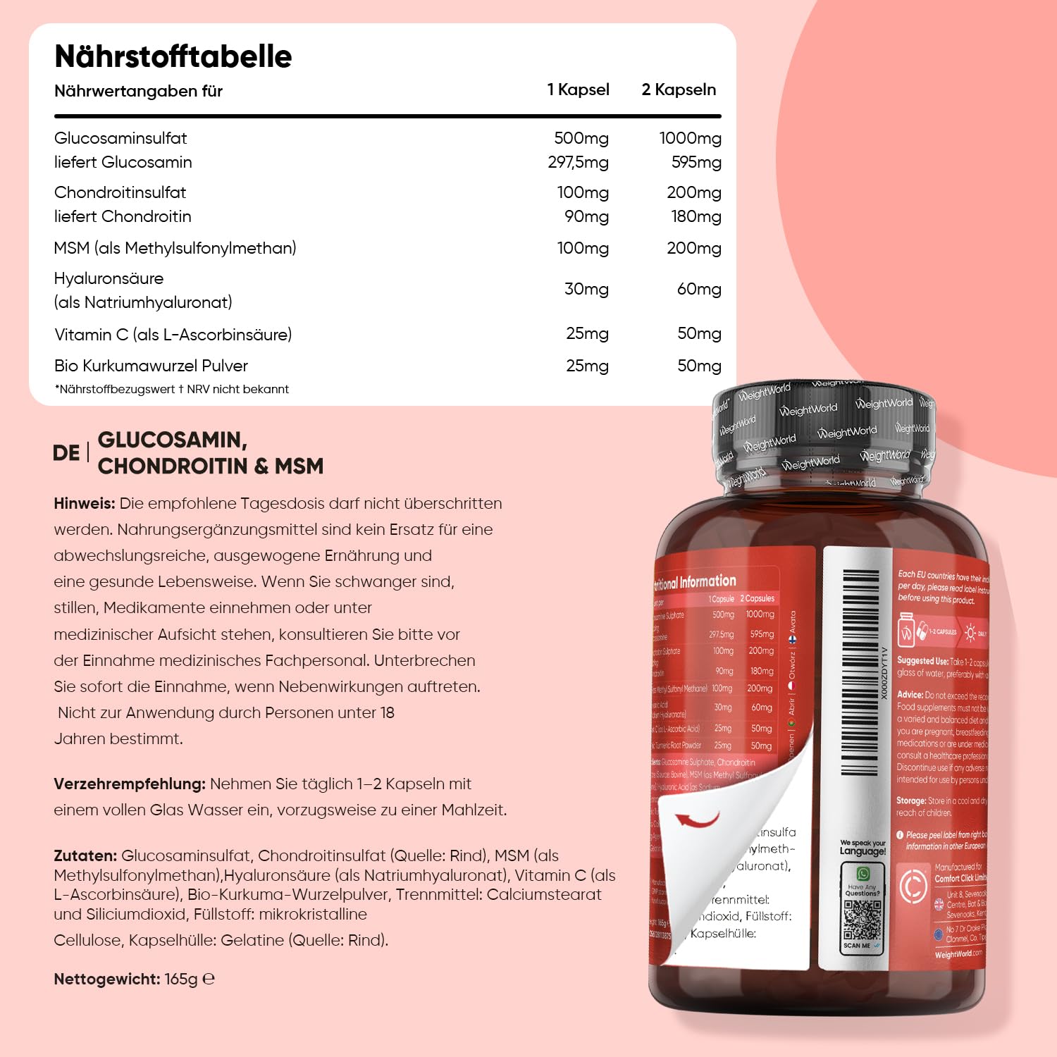 Glucosamin Chondroitin MSM Kapseln + Omega 3 Weichkapseln + Magnesium Komplex 4 in 1 Kapseln - Geschmacksneutral - Frei von Gluten, Gentechnik - Gemäß GMP - WeightWorld