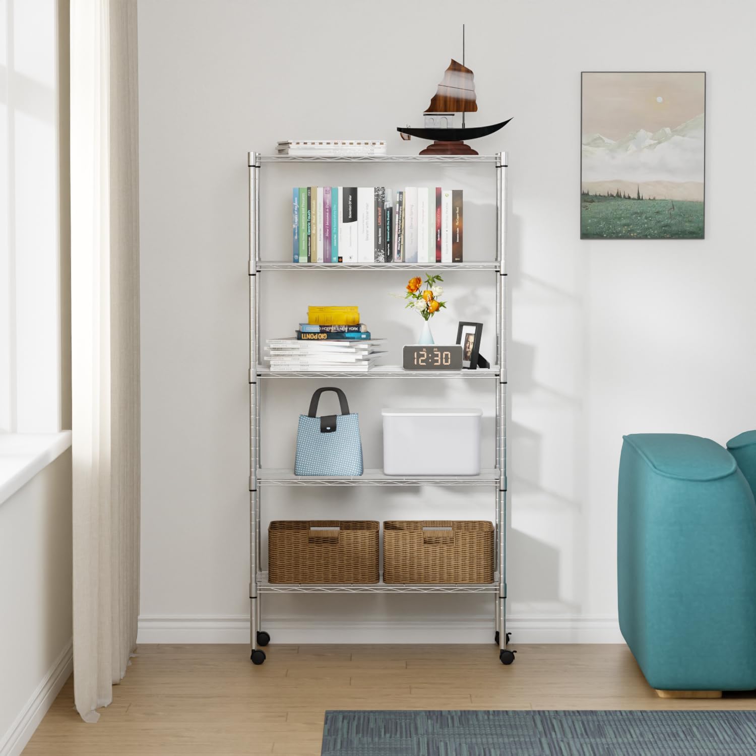 FDW Adjustable Storage Shelves 5-Tier Wire Shelving Unit Heavy Duty Metal Shelves with Wheels 14”Dx30”Wx61”H Storage Shelf Rack for Home Kitchen Commercial, Chrome - Image 4