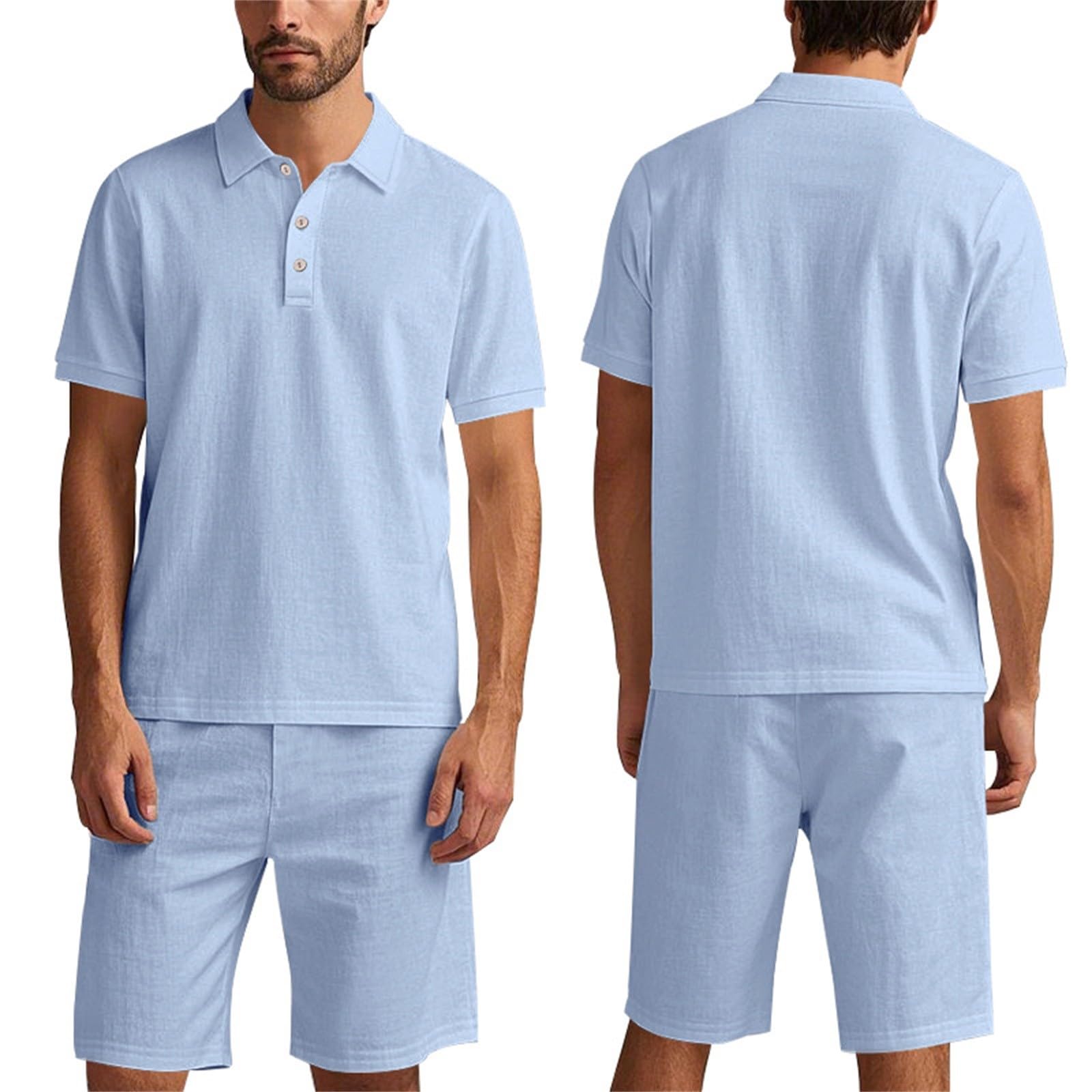 Tute Eleganti Completi Estivi Uomo 2 Pezzi Set Magliette Polo Manica Corta A Bottoni E Pantaloni Corti Con Tasche Tinta Unita Traspirante Comodo Completo Lino E Cotone Per Spiaggia