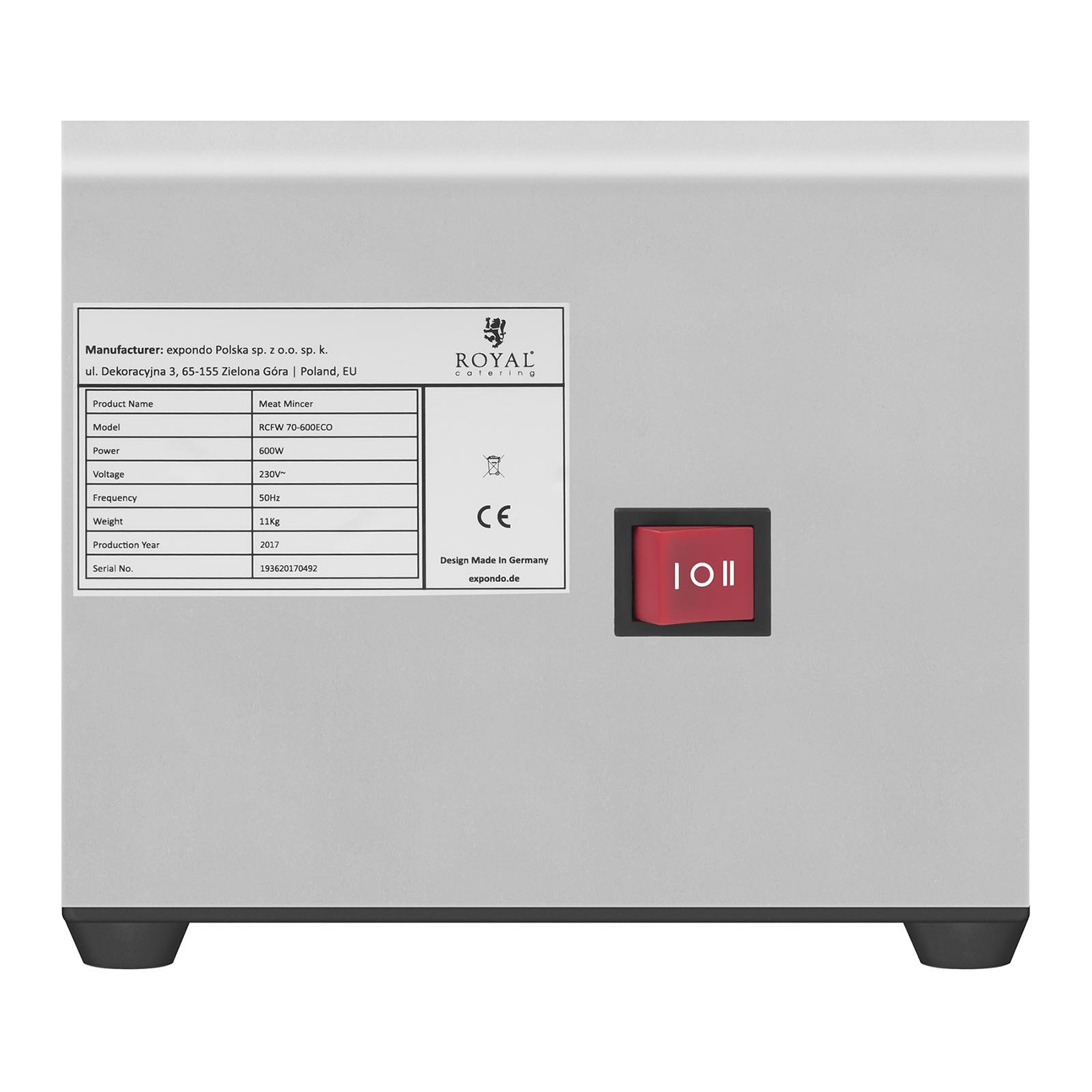 Royal Catering RCFW 70-600ECO Picadora de Carne Eléctrica Profesional (70 kg/h, 600 W, Marcha Retrógrada, Orificios de 5/7 mm, Acero Inoxidable) ECO