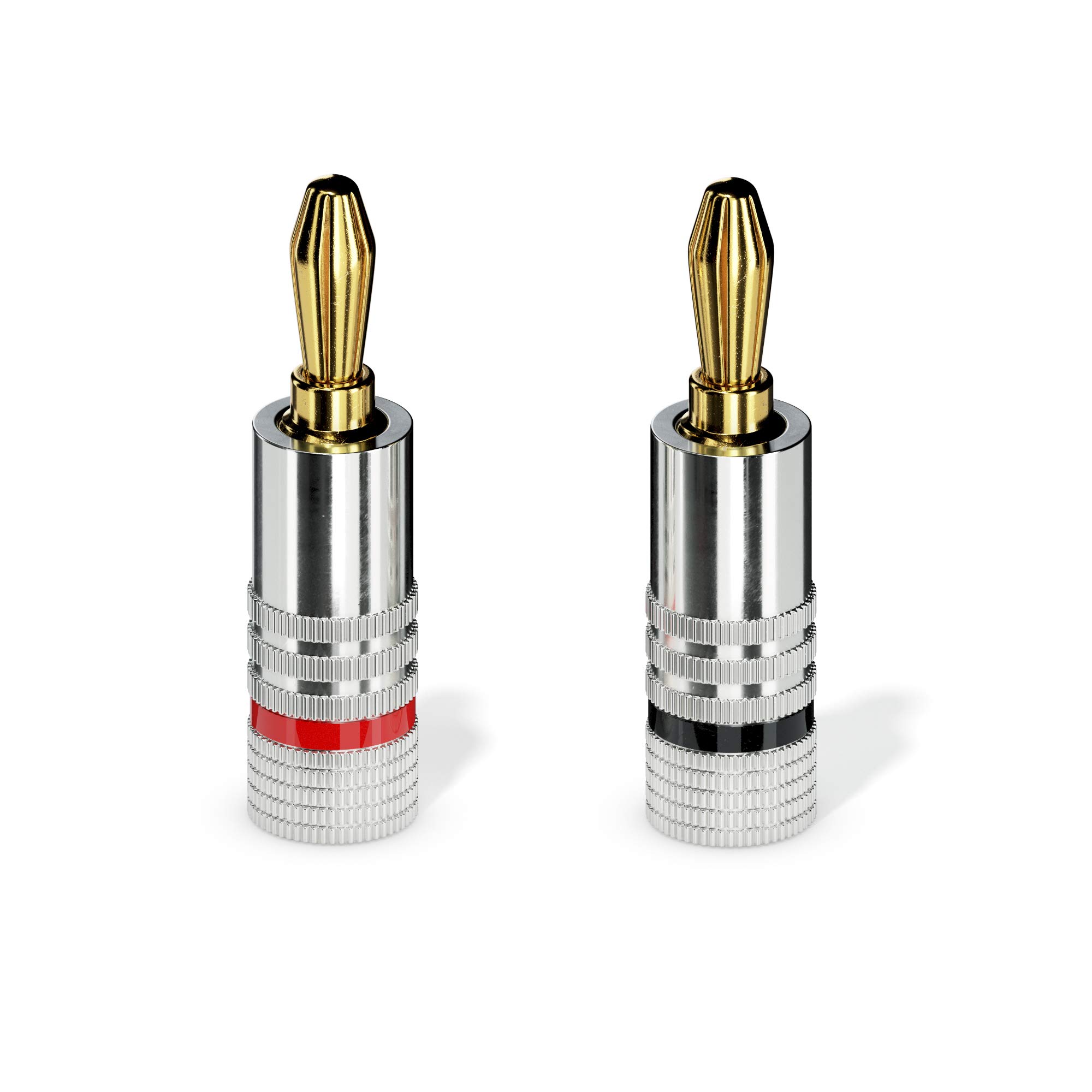 sonero® lot de 4 fiches bananes, pour tous les câbles d'enceintes d'un diamètre maximum de 6 mm², 4 pièces avec codage couleur (12x rouge, 12x noir), plaqué or 24 carats