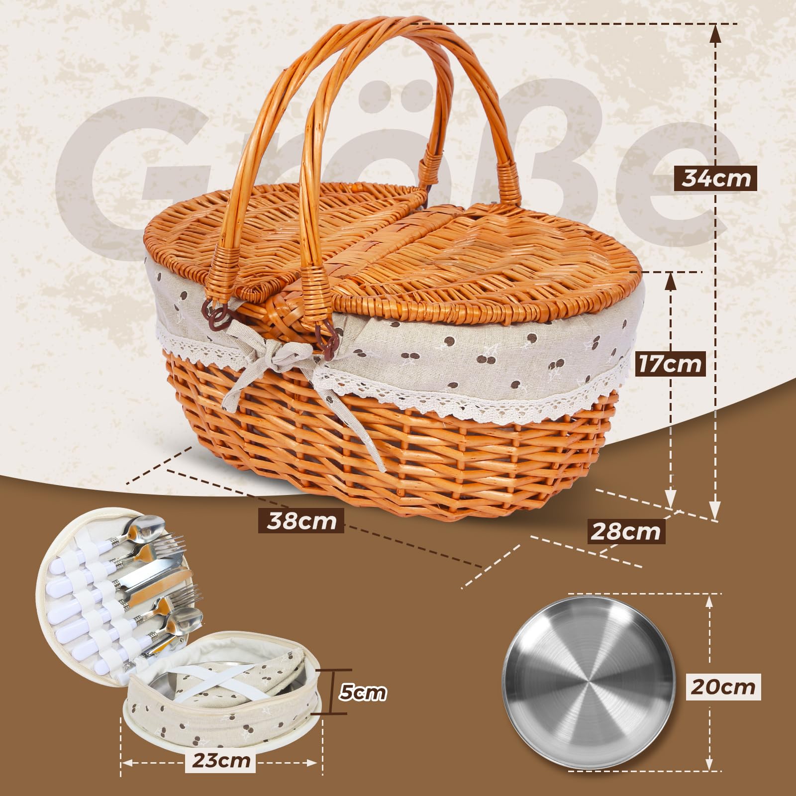 Panier de pique-nique en osier pour 4 personnes, avec couvercle et poignée, panier de pique-nique avec doublure lavable et couverts pour l'extérieur, le camping, Halloween, Noël et un