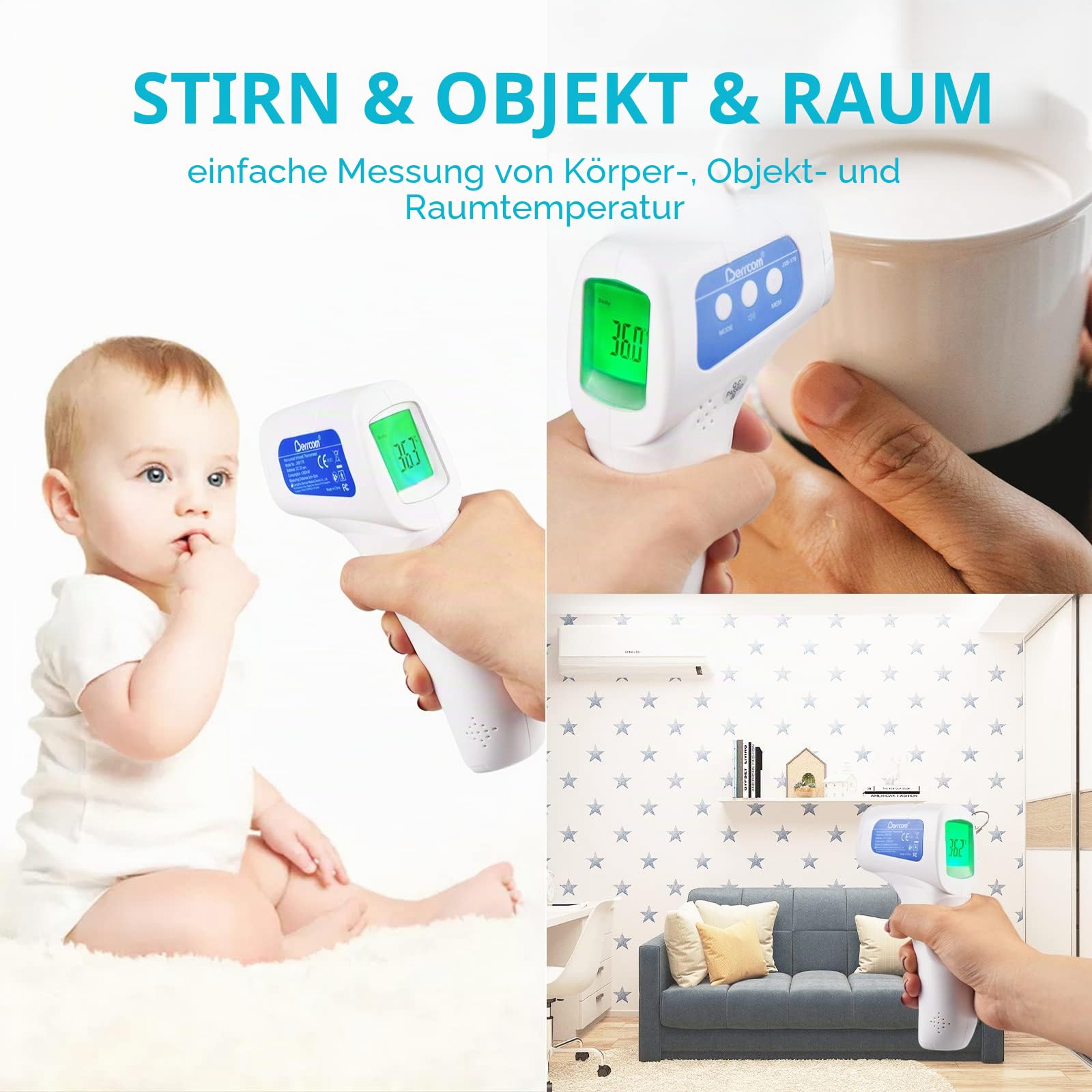 Berrcom Fieberthermometer Kontaktlos Infrarot Stirnthermometer für Babys Thermometer Digitales Stirnthermometer mit sofort Ablesung, Fieberalarm, LCD Anzeige, °C/°F Schalter
