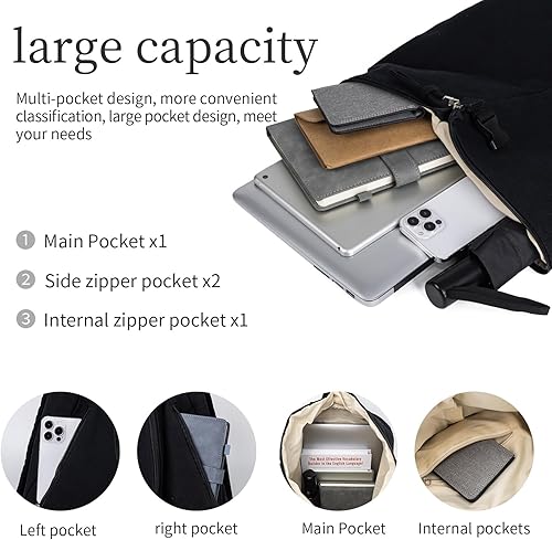 Miniatura 5 de Mochila de lona para mujer, mochila de viaje para hombre, estilo vintage, para mochilas casuales, Negro C, Mochila casual