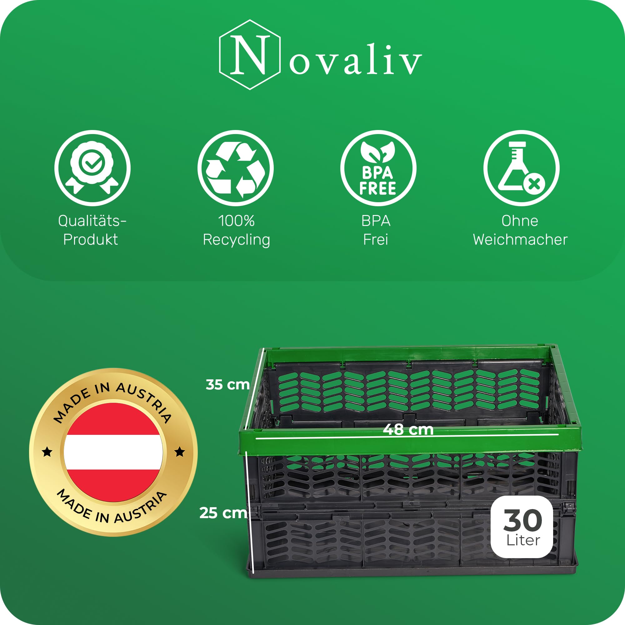 Novaliv Klappboxen faltbar stabil 6x 30L Grün Schwarz baskets Einkaufskiste Klappkisten Set Tragebox Aufbewahrung Einkaufskörbe Körbe Aufbewahrung Küche