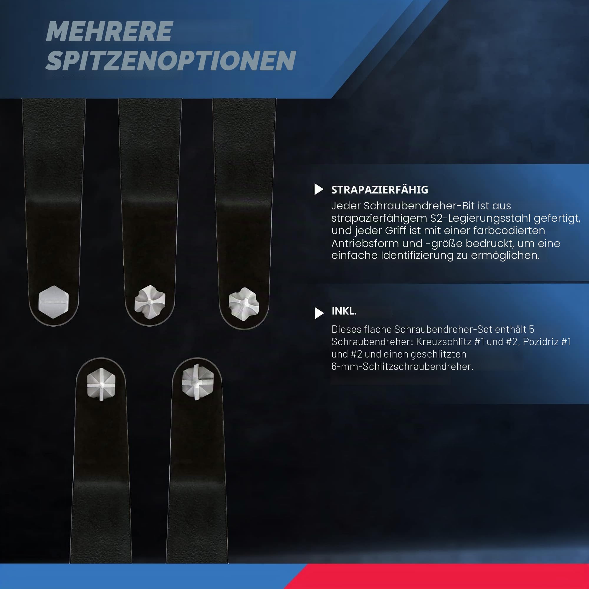 NEIKO 01323A Ultra Low Profile Offset Schraubendreher-Set, 5-teilig, S2-Stahl, Kreuzschlitz, Pozidriv und Schlitz
