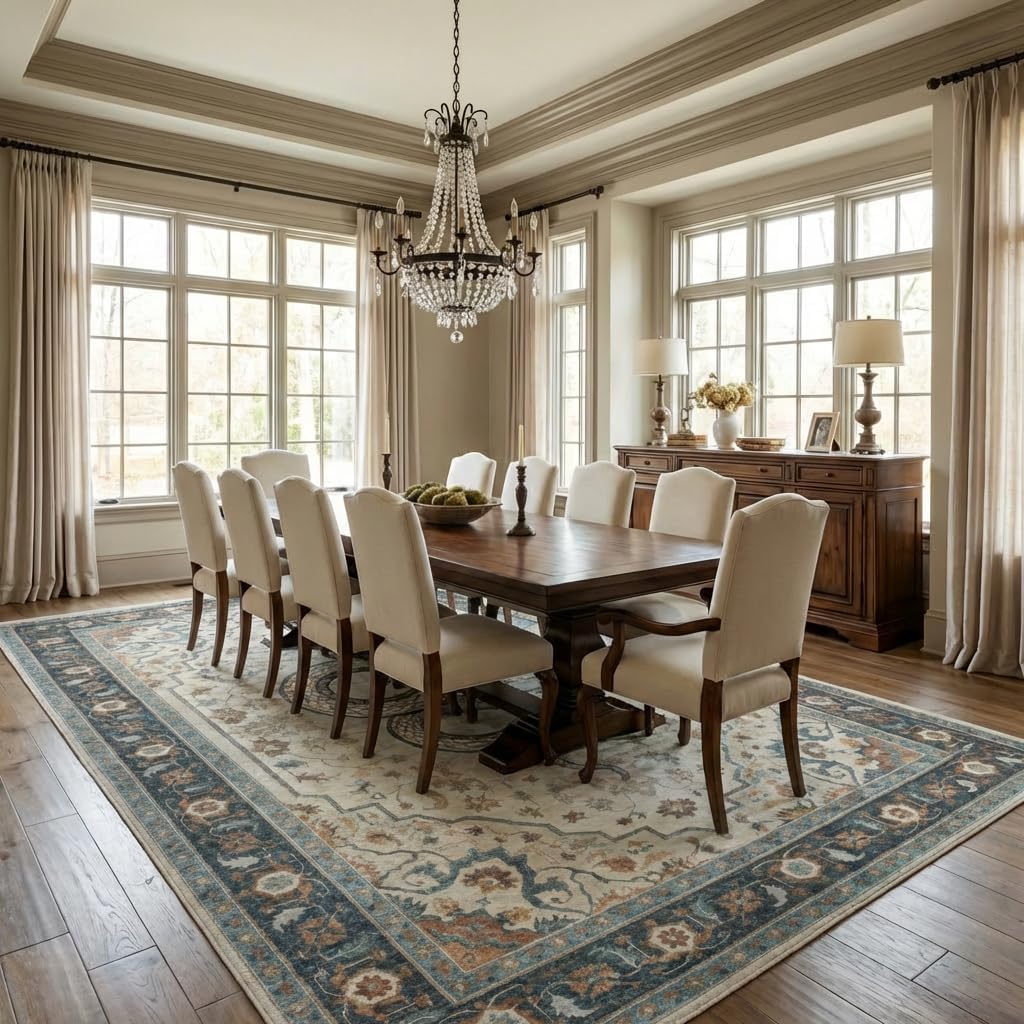 8x10 Area Rug Vintage Persian Snake Motif Rug with Non Slip Backing, Washable Low Pile Soft Off-White Teal Blue Carpet for Bedroom, Living Room, Home Office, Eclectic Decor