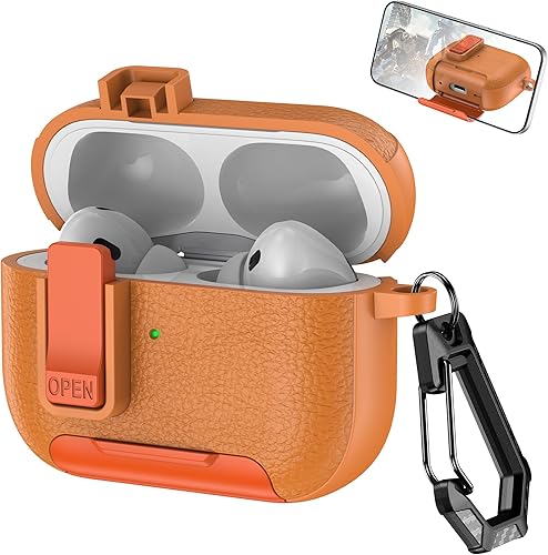 Miniatura 8 de Funda de cuero con clip de bloqueo para AirPods Pro 21 con mosquetón, soporte de carga inalámbrica con soporte, cubierta de protección resistente