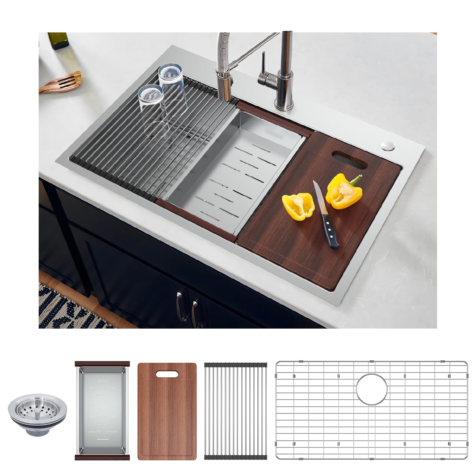 33 Inch Undermount Kitchen Sink - 33x22 Drop-in Kitchen Sinks, 18 Gauge 304 Stainless Steel Workstation Sink, Deep Single Bowl, Dual Mount, Handmade Basin, 9 Inch Deep, Built-In Accessories