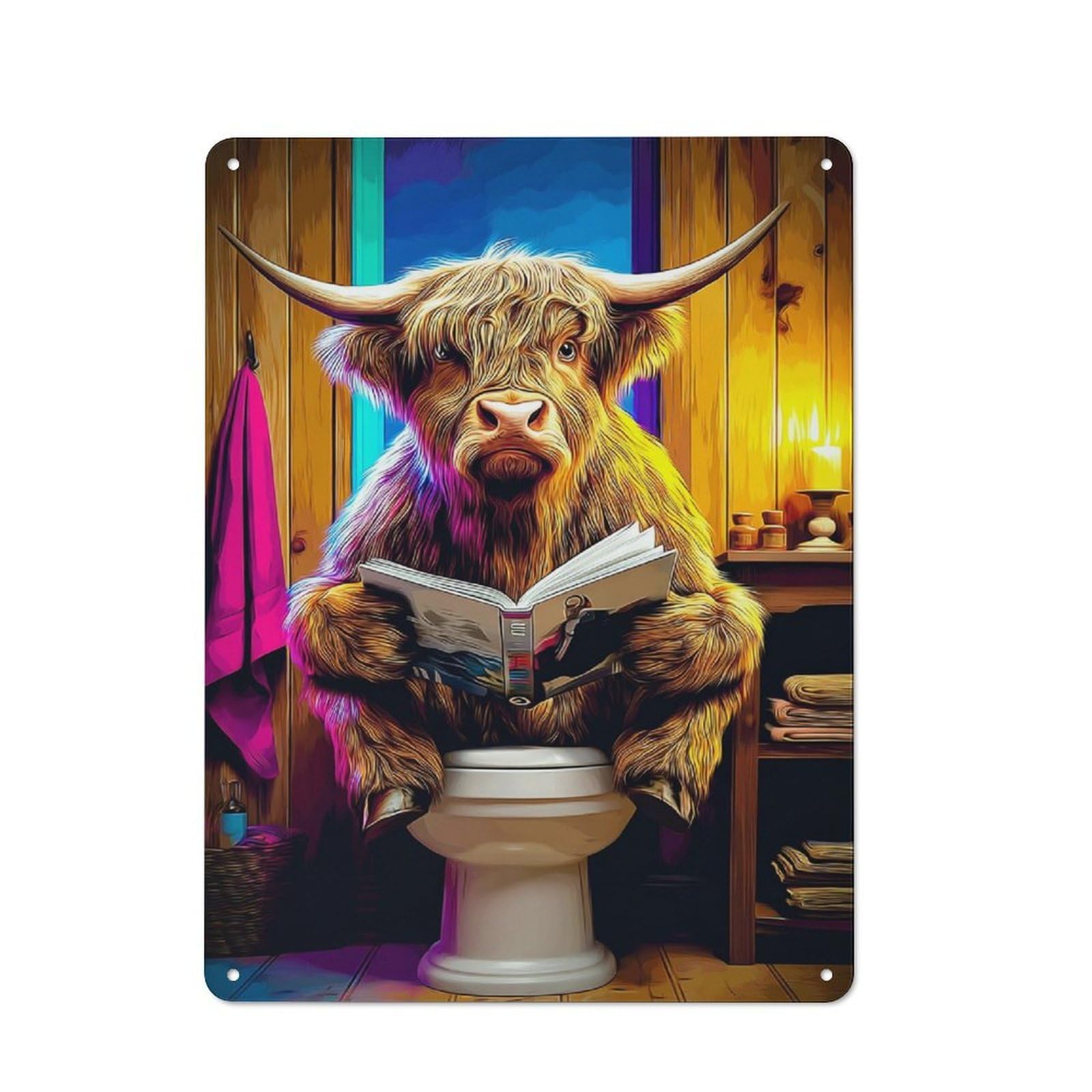 Highland Cow Reading in The Bathroom -4 Metal Sign 40x30cm, Vintage Bar Wall Plaque for Diner, Restaurant, Shed Or Kitchen