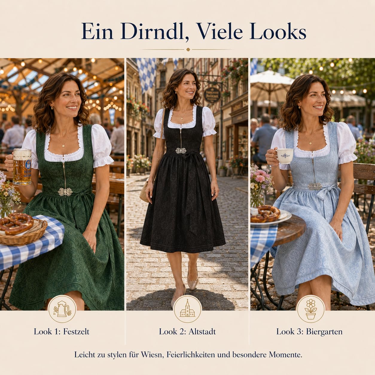 Dirndl Damen - 2 Teilig Oktoberfest Damen Outfit Midi Dirndlkleid Trachtenkleid inkl. Trachtenrock Dirndlschürze, Dirndl Kleidung Trachtenmode Kleid Schlicht Tracht Dirndlkleid Schürze Spitze Kleid