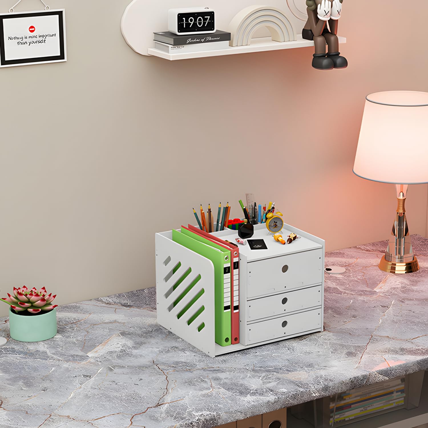 Organisateur de Bureau,Rangement Bureau Organisateur avec 1 Porte-revues-3 Stylos Compartiments et 3 compartiment rangement tiroir pour bureau,maison,école,Organiseurs multimédia