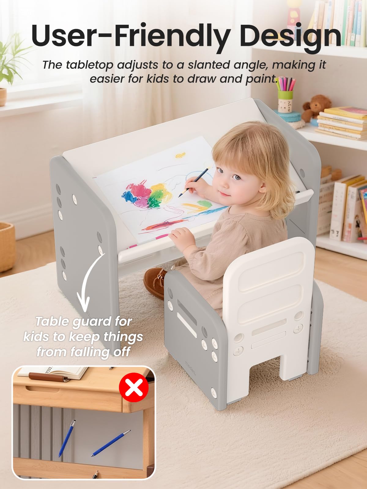 Tavolo per Bambini con Sedia, Set Tavolo e Sedia per Bambini Regolabile in Altezza, Scrivania Trasformabile, Multifunzione per Leggere, Scrivere, Disegnare e Mangiare, Grigio