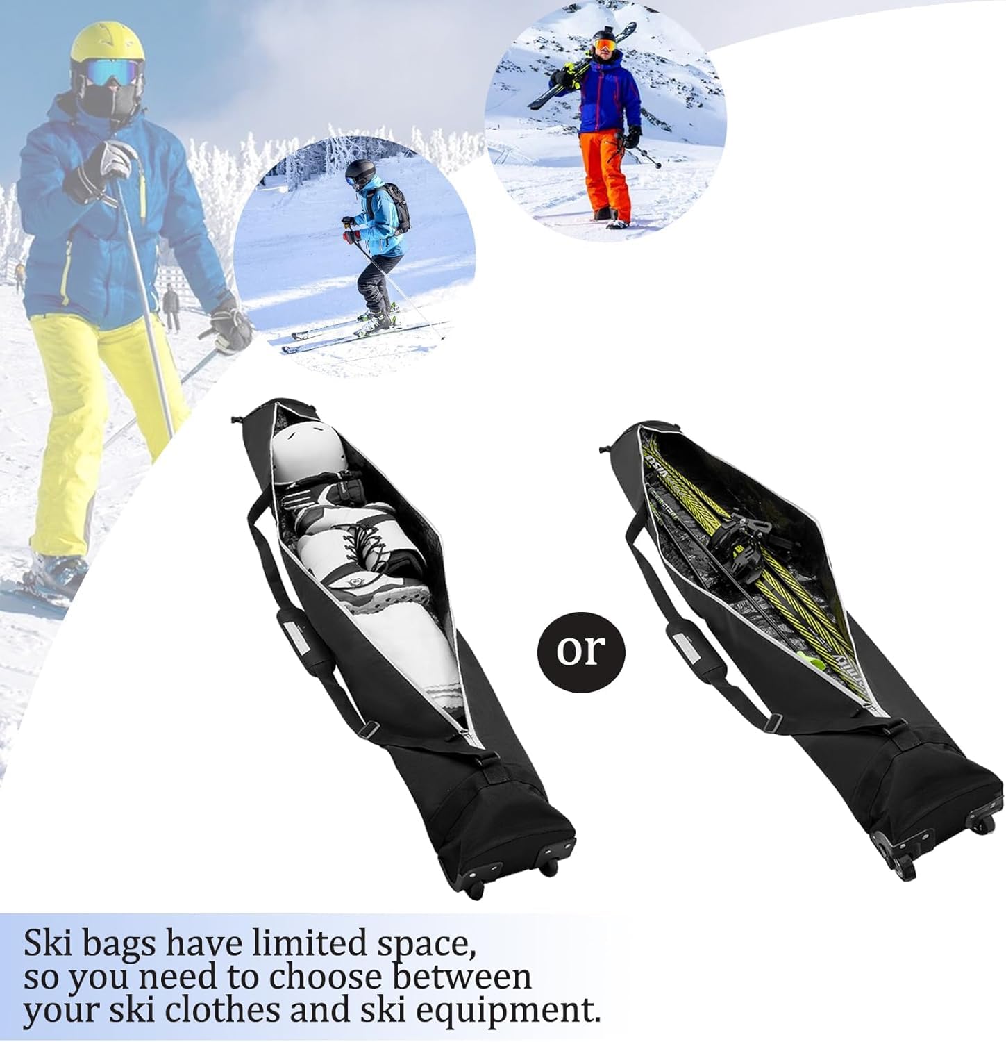 Bolsa de snowboard con ruedas, bolsa de almacenamiento impermeable para equipo de esquí, longitud ajustable bolsa de esquí (63-79 pulgadas), bolsa de esquí plegable para tabla, botas, ropa