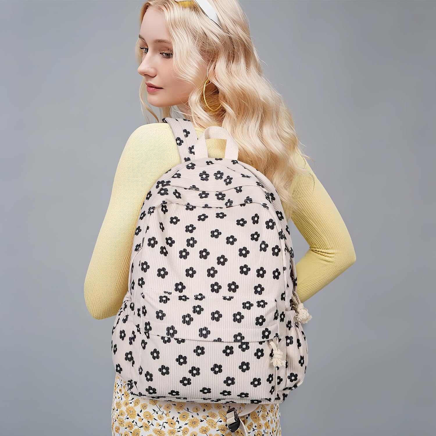 School Backpack for Teens Girls, Women 15.6 Inch Laptop Bags, Cute Corduroy Backpack, School Supplies for Teens Girls Students (Black Floral