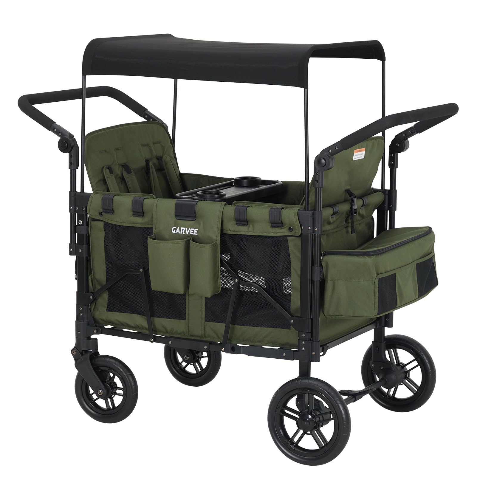 Bollerwagen faltbar mit 4 Sitze,Premium Bollerwagen für 4 Kinder mit Dach Kinderwagen Handwagen mit 5-Punkt-Gurt,Snack Tablett,Sonnenschutzdach,geländegängigen PU-Rädern