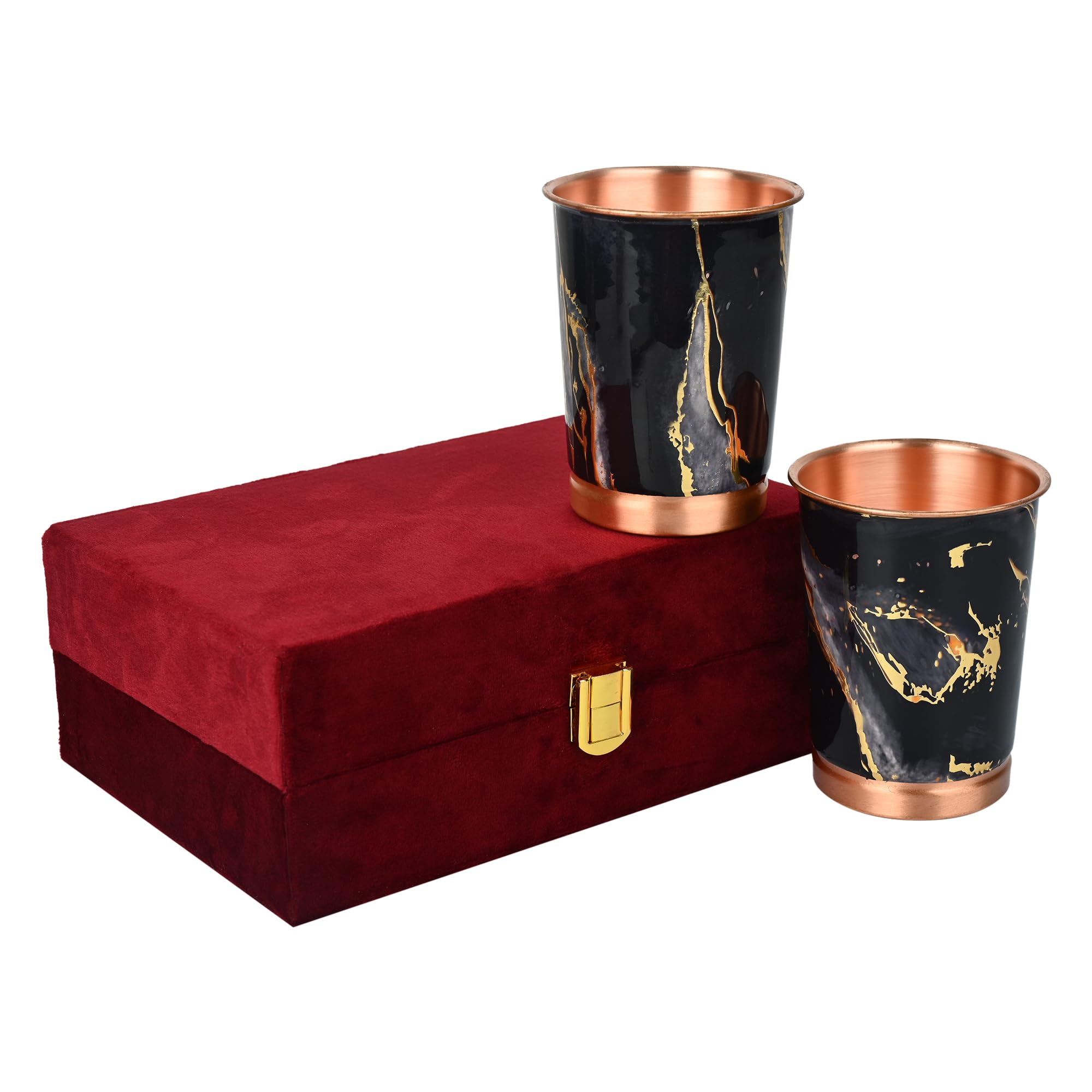 DI: Decorative India Copper Premium Black Gold Design Set of Two Glass with Elegant Gift Box, 250 ML
