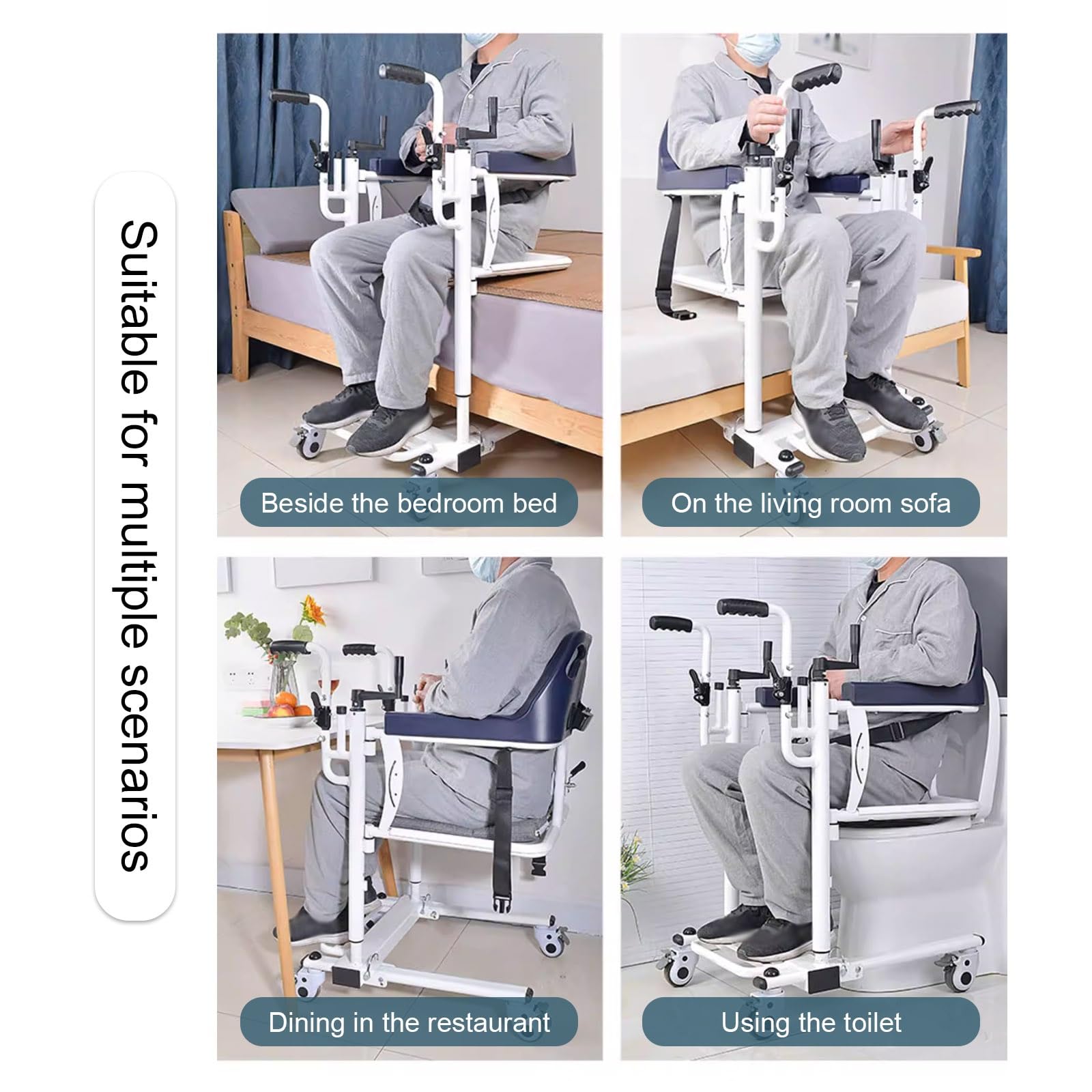 Manueller Patientenlifter mit 180° Geteilter Sitzfläche, Patient Höhenverstellbare Transportrollstuhl für Zuhause, Wohnzimmer, Schlafzimmer, Esszimmer und Badezimmer