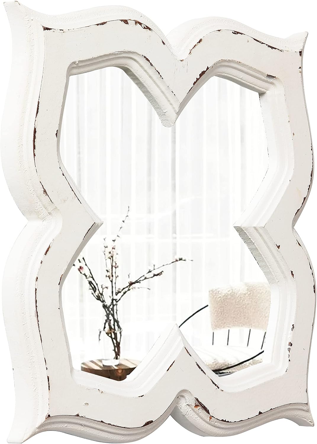 Hanging Antique Small Wall Mirrors Decorative 9.6 inch, Distressed White Sculpted Wood Mirror Farmhouse Home Decor, Shabby Chic Lucky Four-Leaf Clover Mirror Wall Decor for Living Room