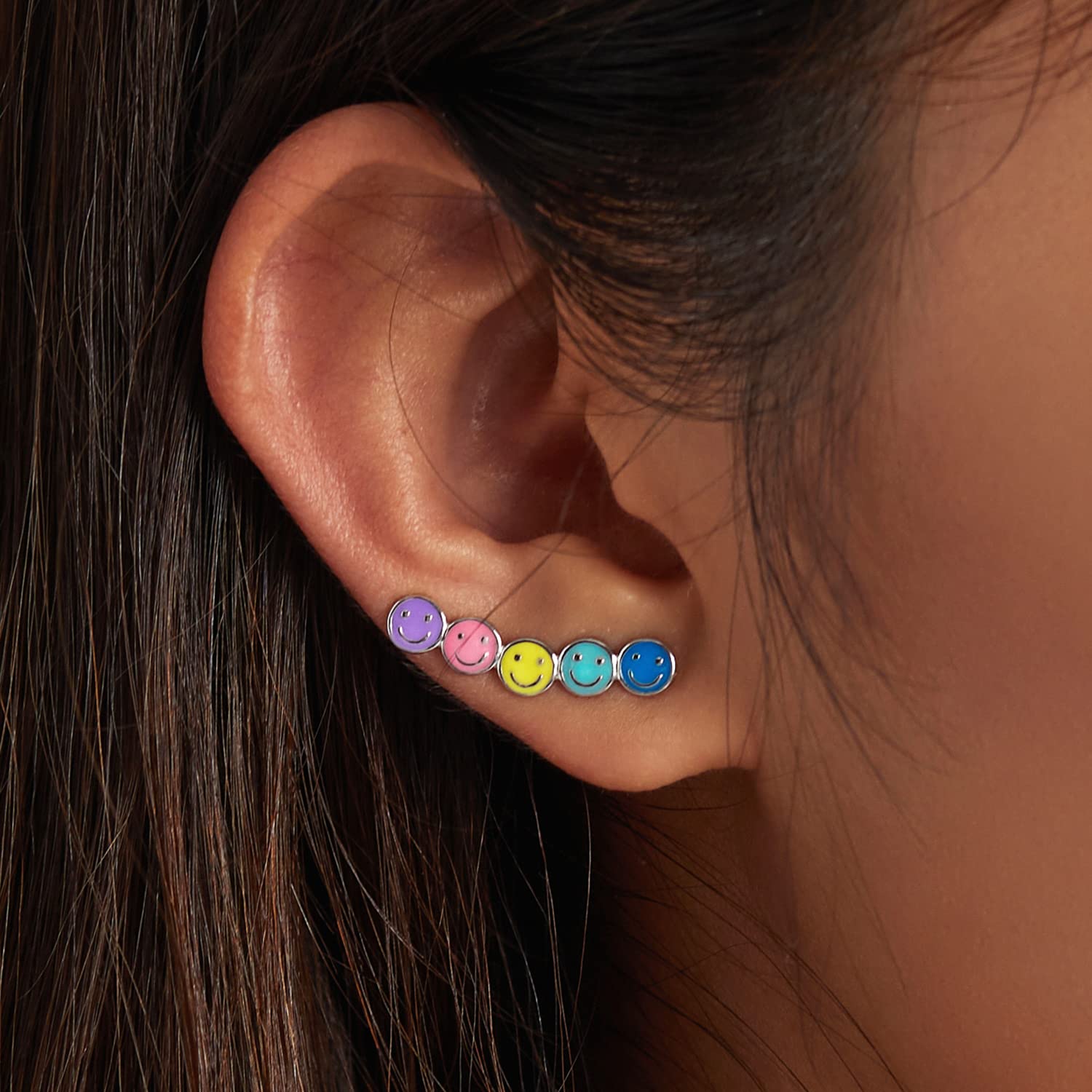 WZGWDC Sterlingsilber-Schmuck, Regenbogen-Emaille-Ohrstecker für Damen, 925er-Sterlingsilber, stapelbar, farbige Ohrringe mit lächelndem Gesicht für Mädchen, Schmuckgeschenk