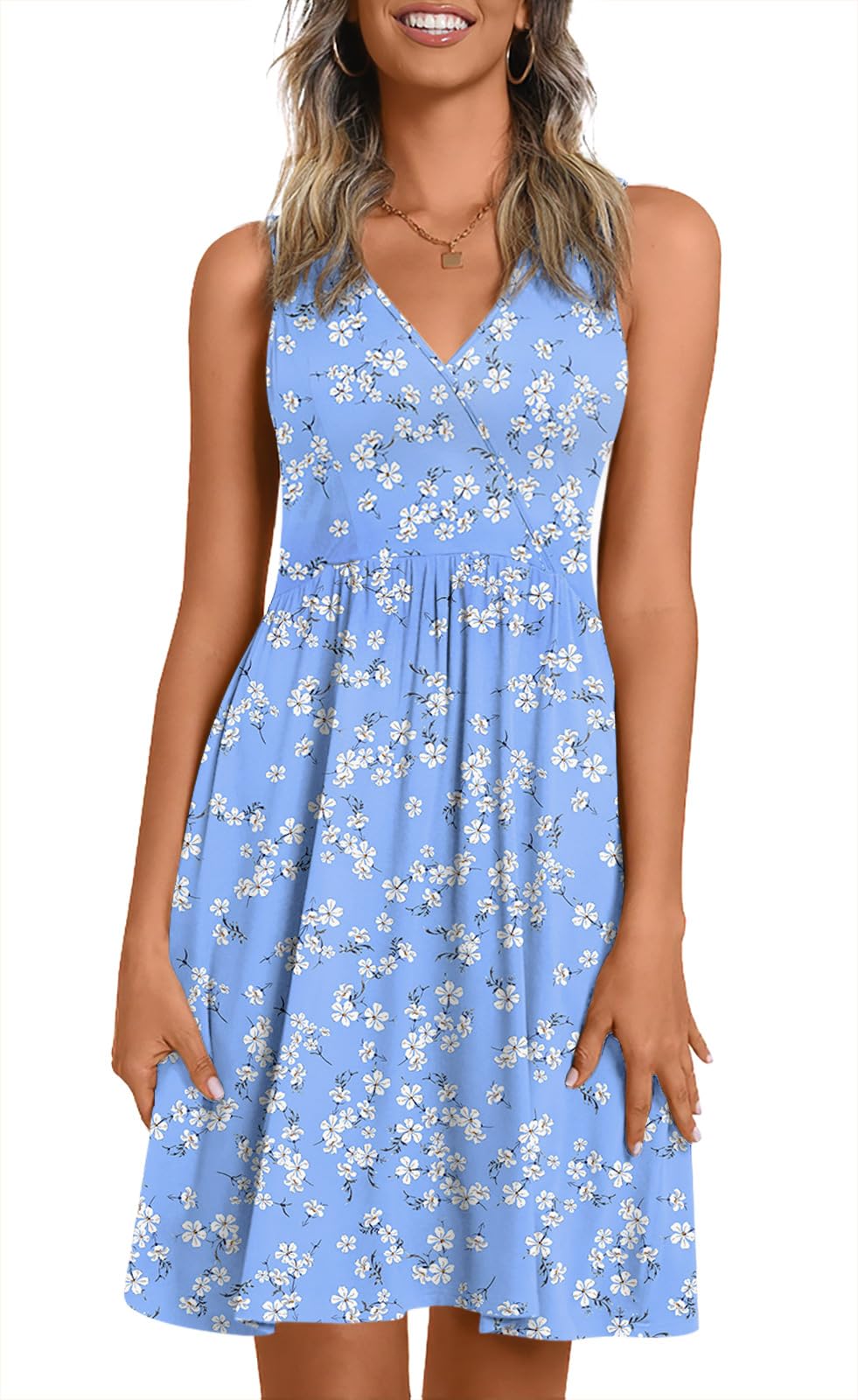 CATHY Women V Neck Sleeveless Dresses with Pockets Summer Sundress S-2XL