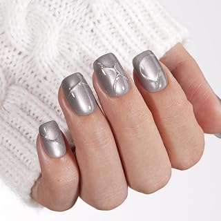 VSALON Press on Nails Short Square - Gray Glass Cat Eye Shimmer 3D Silver Art Design Glue on Nails, Reusable Opaque Gel Fake Nails Gifts for Women - 32 PCS in 16 Sizes with Glue & Cuticle Oil