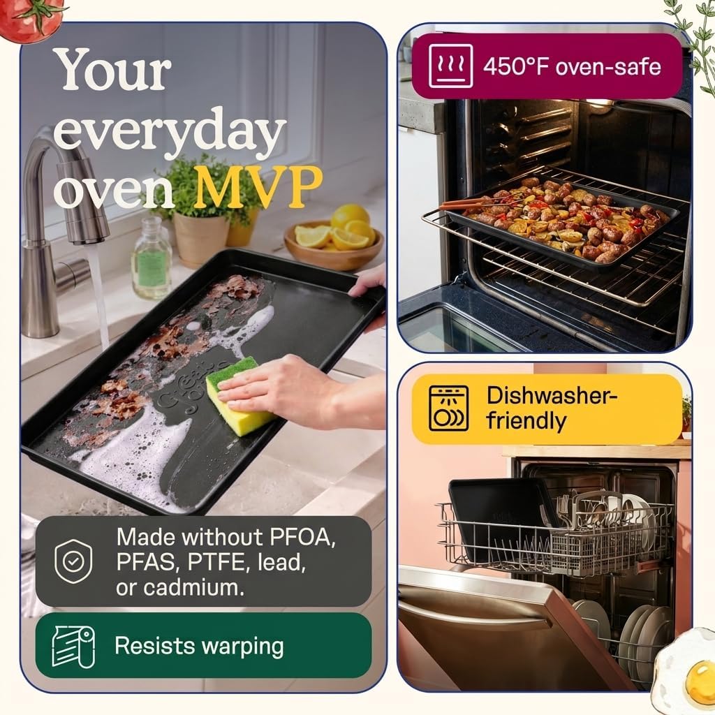 Great Jones Holy Sheet Pan (Pepper) | Nonstick, Half-Sheet Pan | Aluminized Steel, 18.5" x 13.5" | For Baking, Roasting, & Broiling | Premium Bakeware with Even Heat Distribution | Dishwasher-Safe