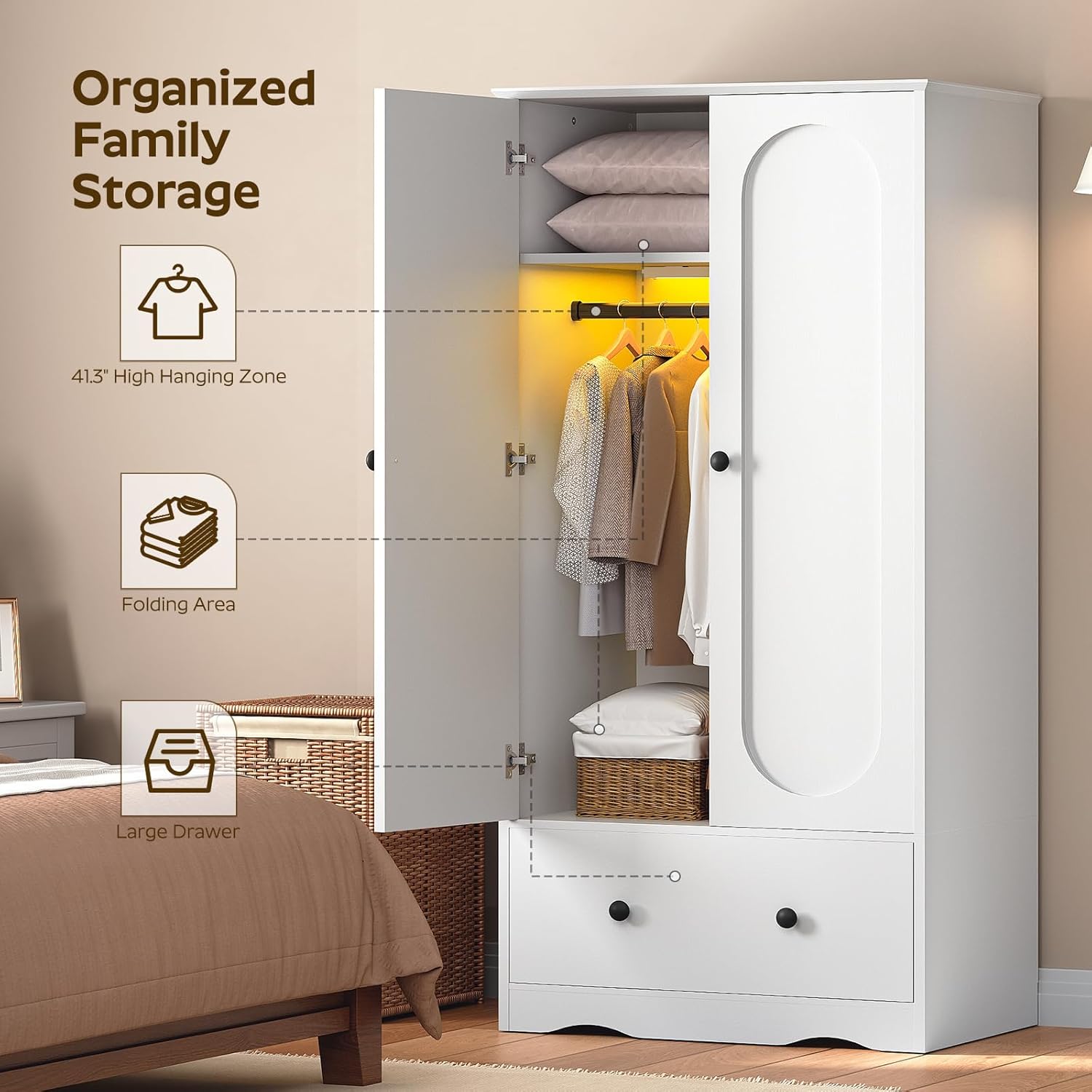 Armoire Wardrobe Closet with Light Strip, 70.9" H Wooden Bedroom Armoire with 2 Doors, Drawer and Hanging Rail, Clothing Storage Cabinet for Bedroom, White