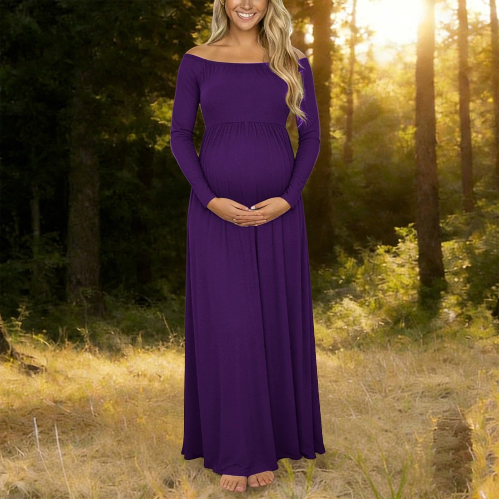 Generisch Elegante vestido de maternidad para sesión de fotos con escote descubierto Mangas largas Corte delgado hasta el suelo