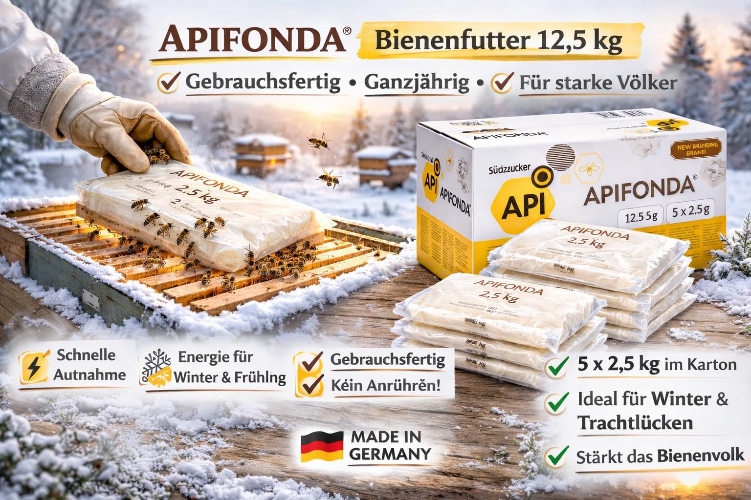 Südzucker Apifonda® Bienenfutter 12,5 kg (5 x2,5 kg) – Futterteig für Bienen – gebrauchsfertig – ganzjährig einsetzbar – Imkereibedarf – Bienenfutterteig zur Fütterung