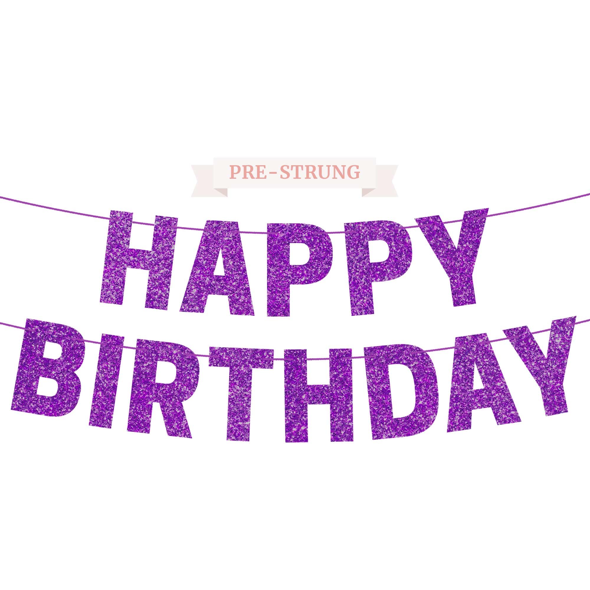 Pre-strung Happy Birthday Banner - No DIY - Purple Glitter Happy Birthday Party Banner for Girls & Women - Pre-strung on 8 ft Strands - Purple Bday